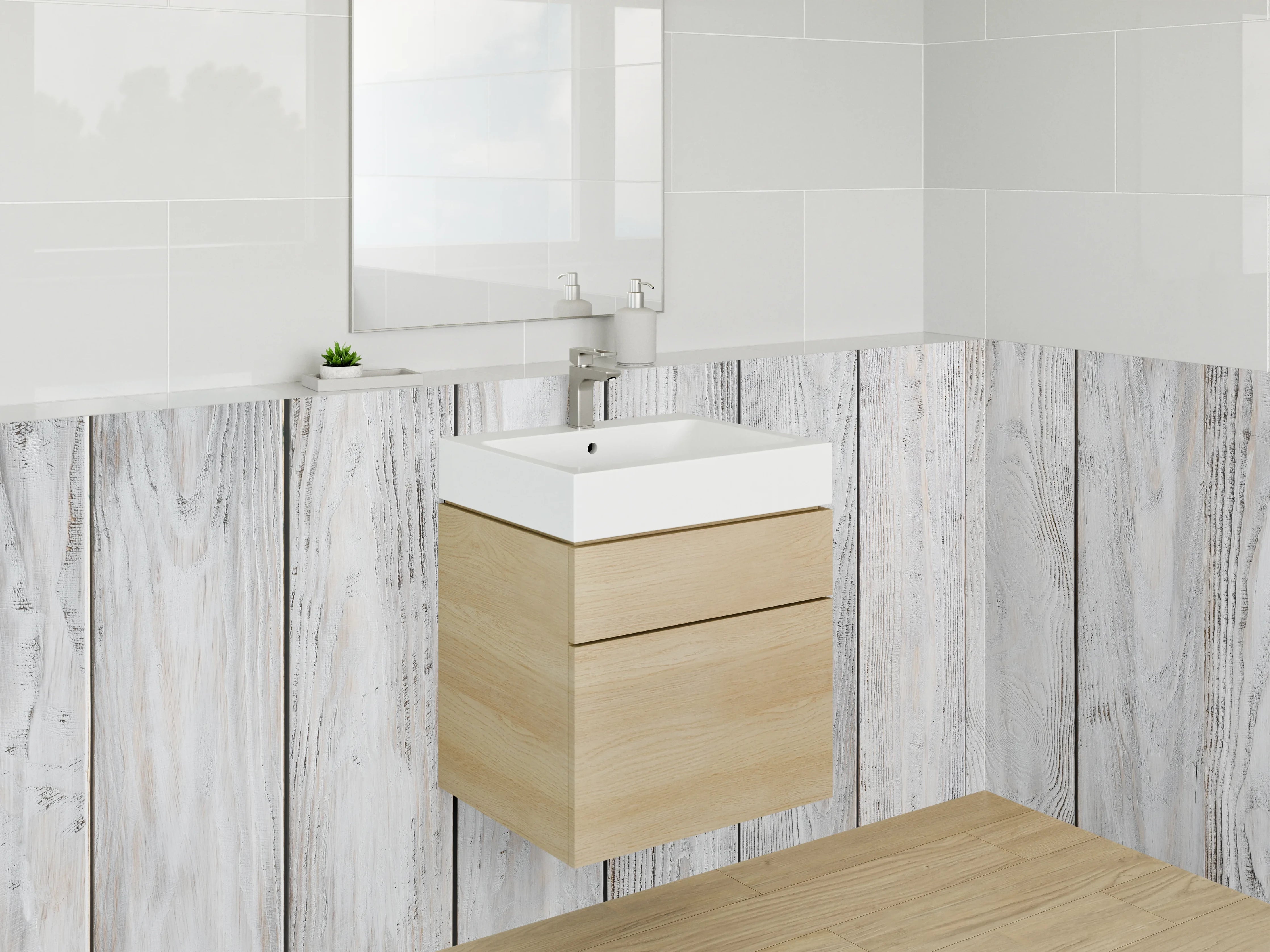 Waschbecken-Rückwand - Grauweißes Holzdekor Wandpaneel