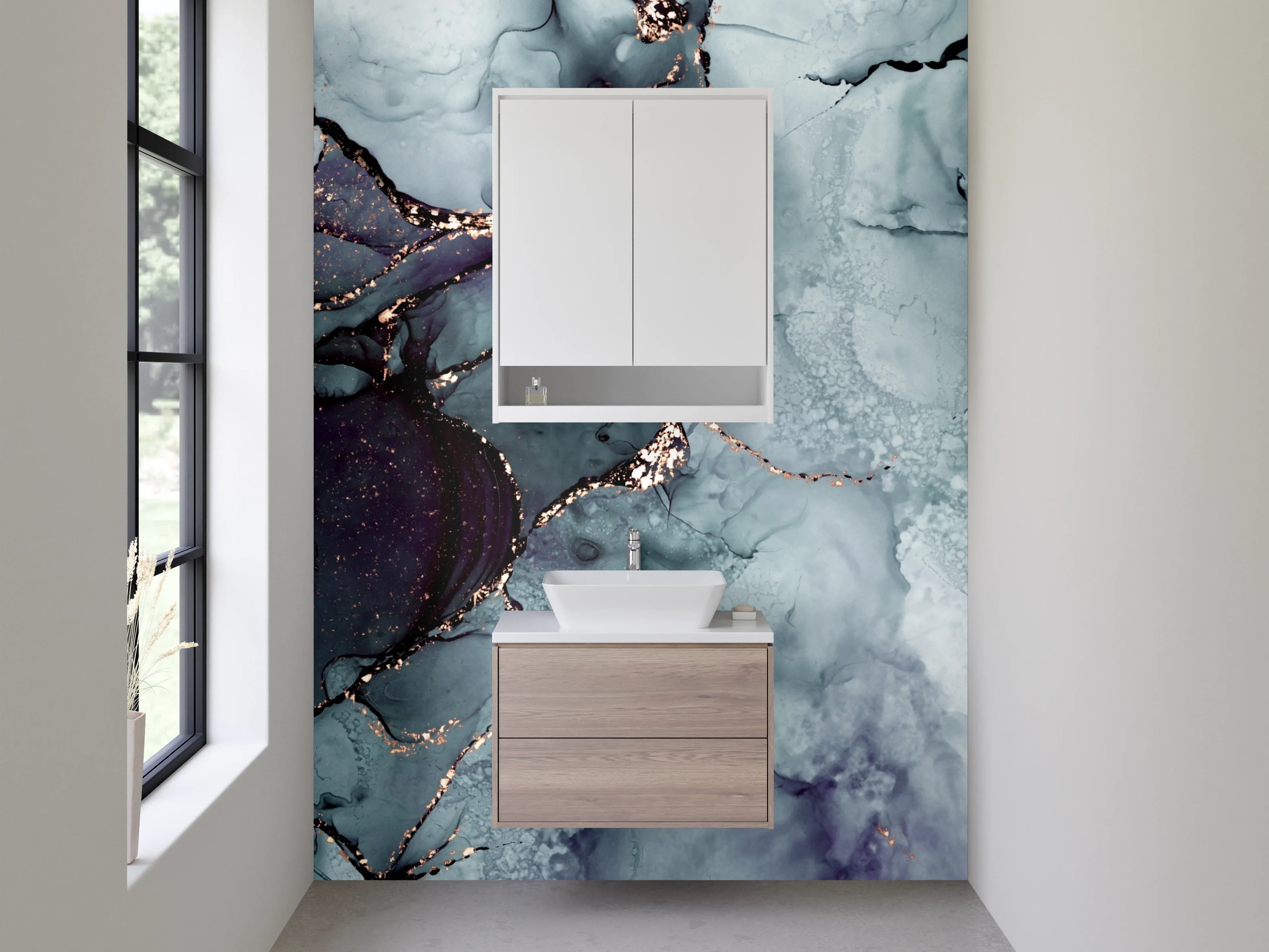 Waschbecken-Rückwand - Grauweißes Marmorbild mit Goldakzenten