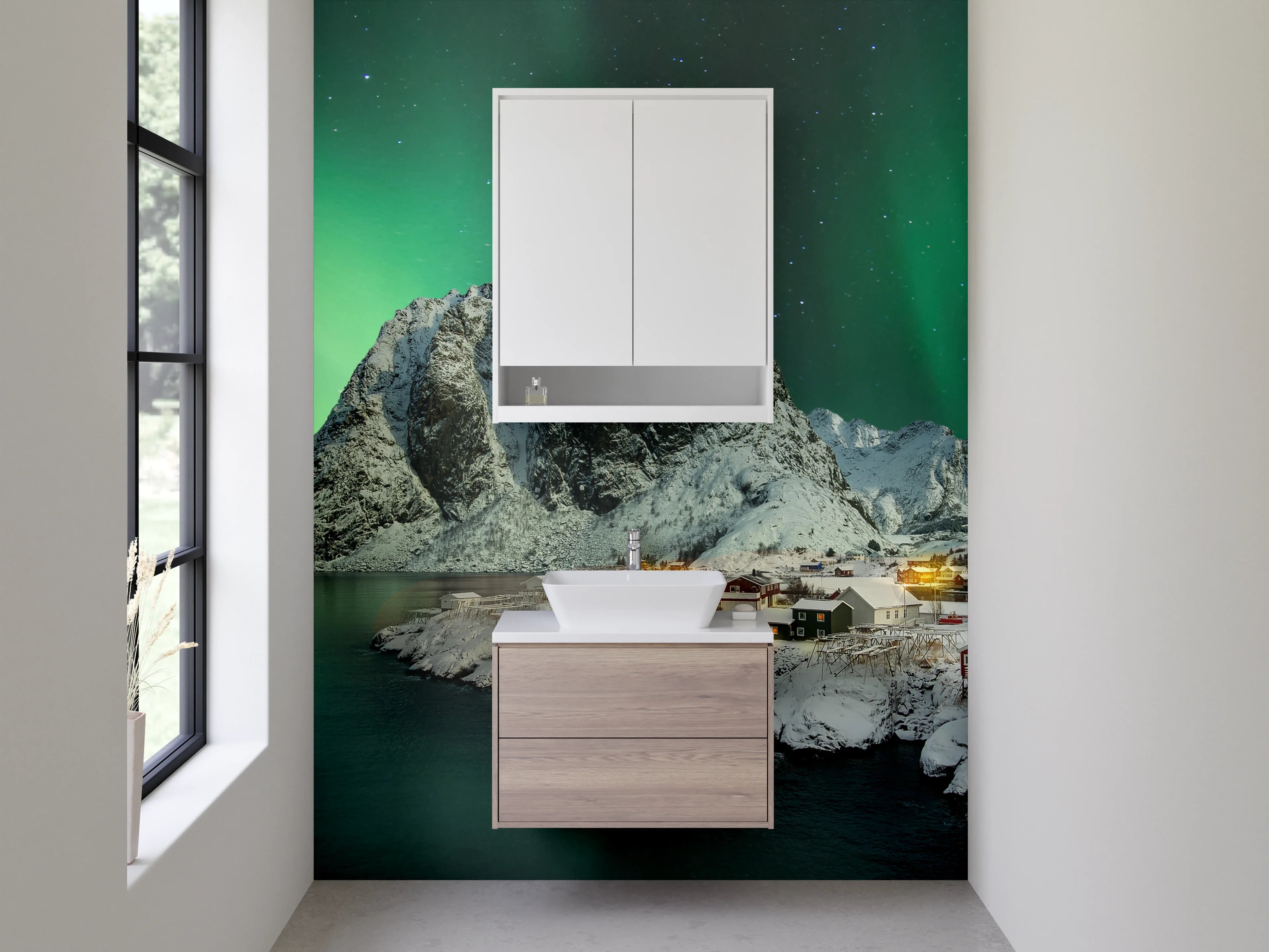 Waschbecken-Rückwand - Grauweißes Nordlicht über verschneiten Gipfeln