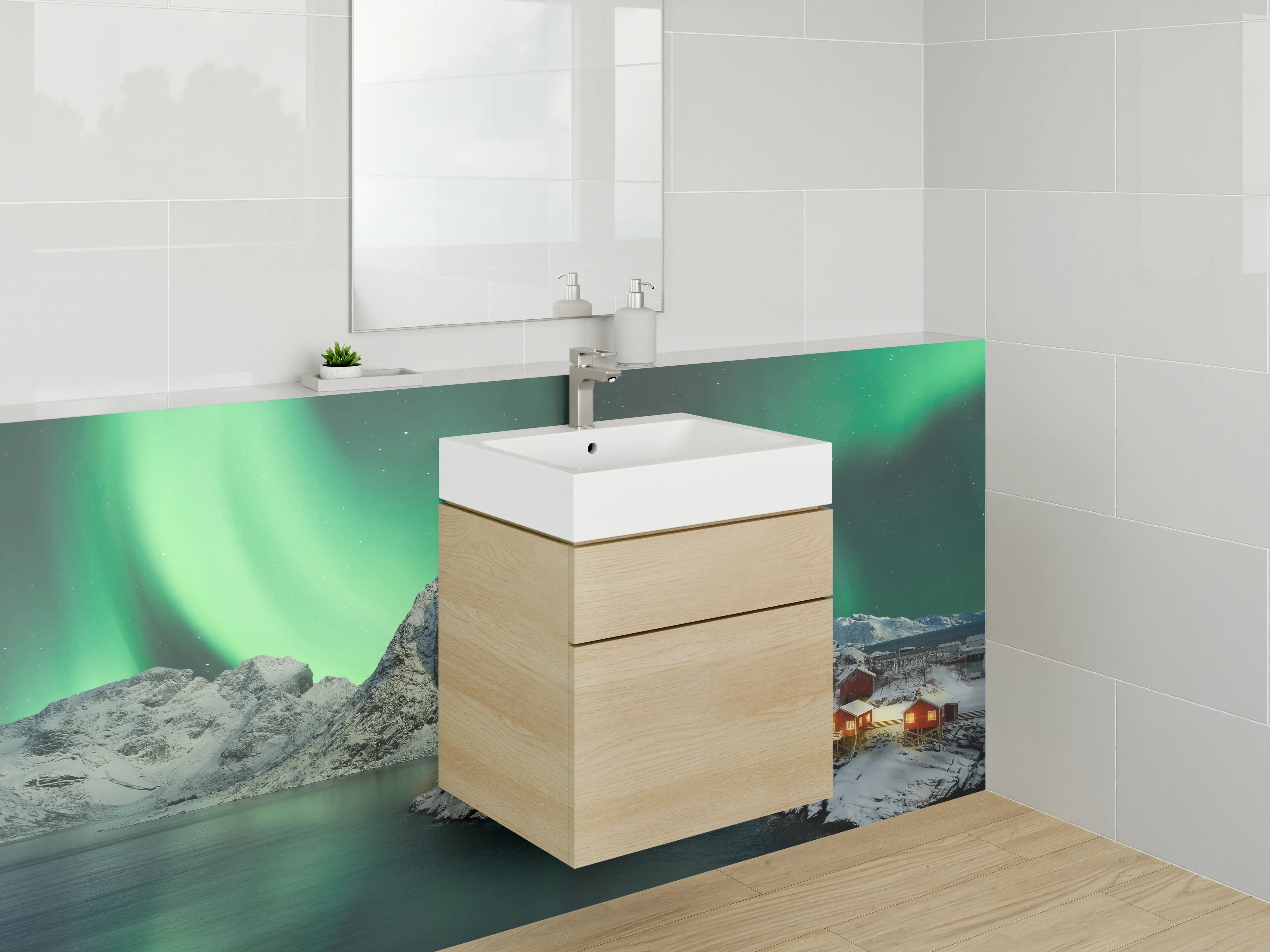 Waschbecken-Rückwand - Grauweißes Nordlicht über verschneiten Gipfeln