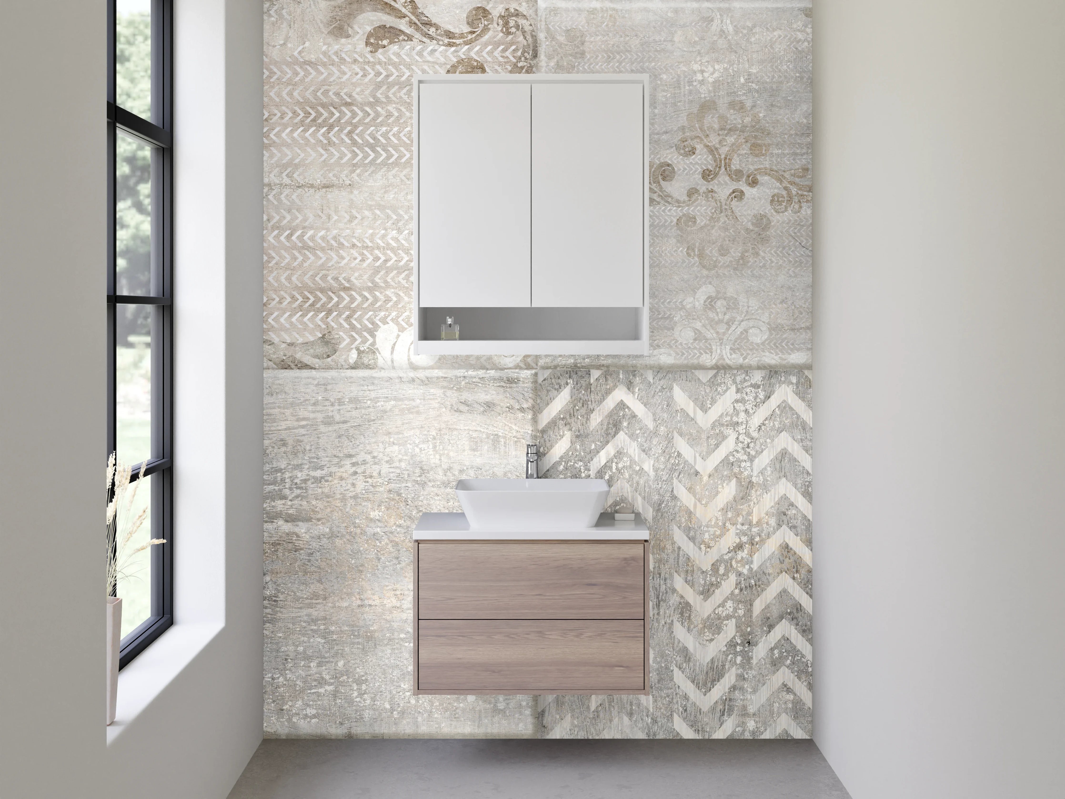 Waschbecken-Rückwand - Grauweißes Retro-Fliesendekor