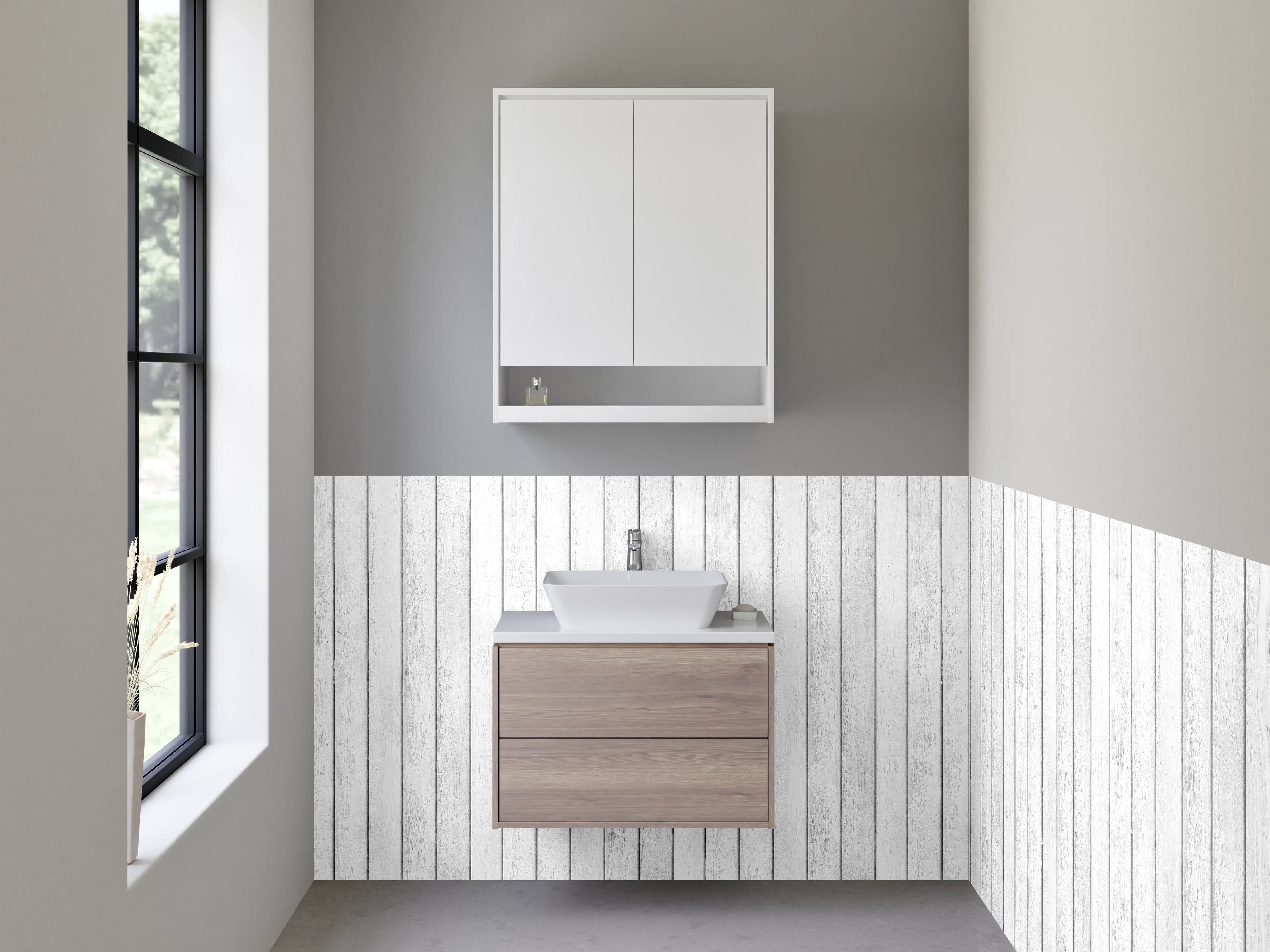 Waschbecken-Rückwand - Grauweißes Wandpaneel in Holzdesign