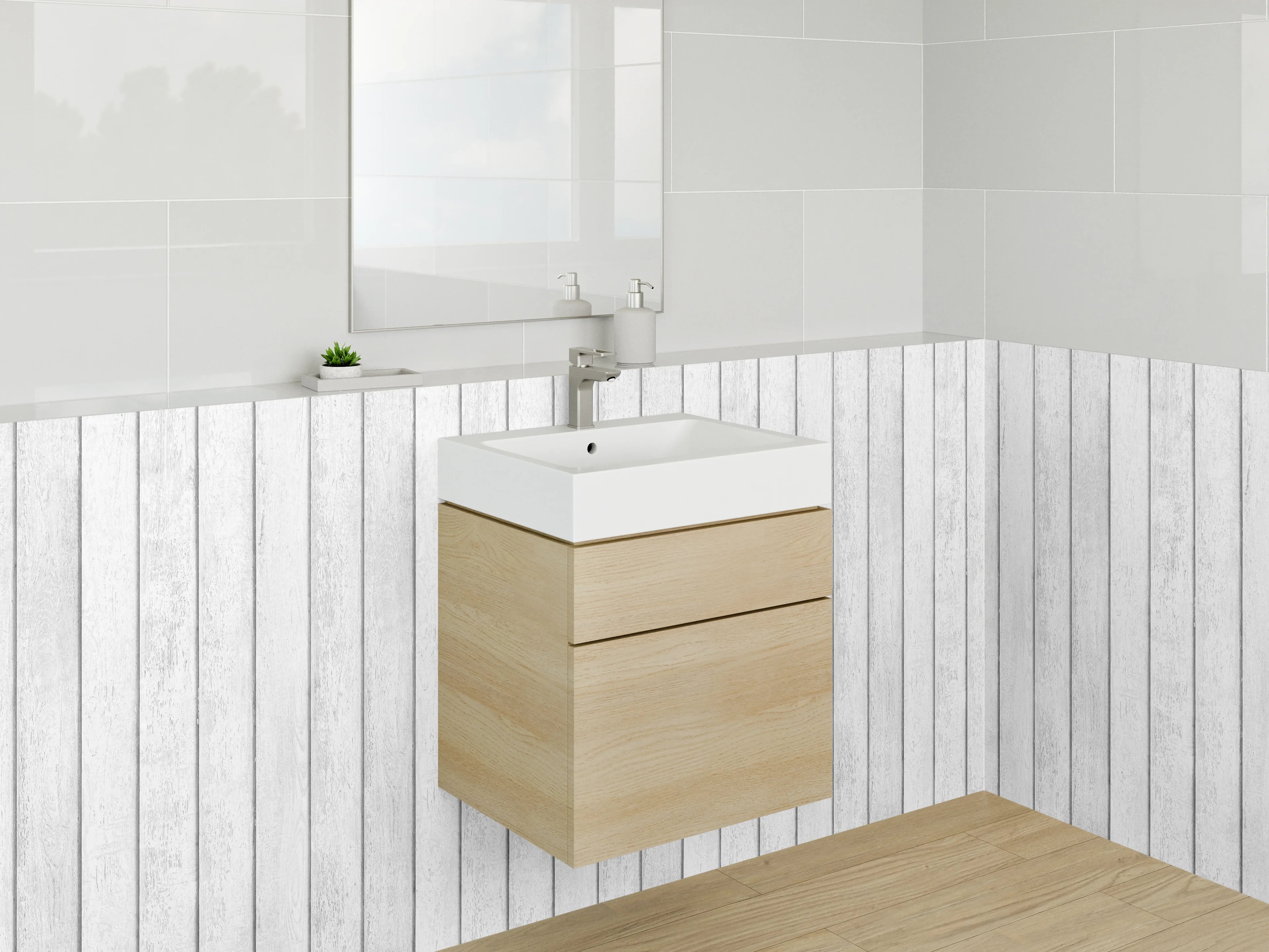 Waschbecken-Rückwand - Grauweißes Wandpaneel in Holzdesign