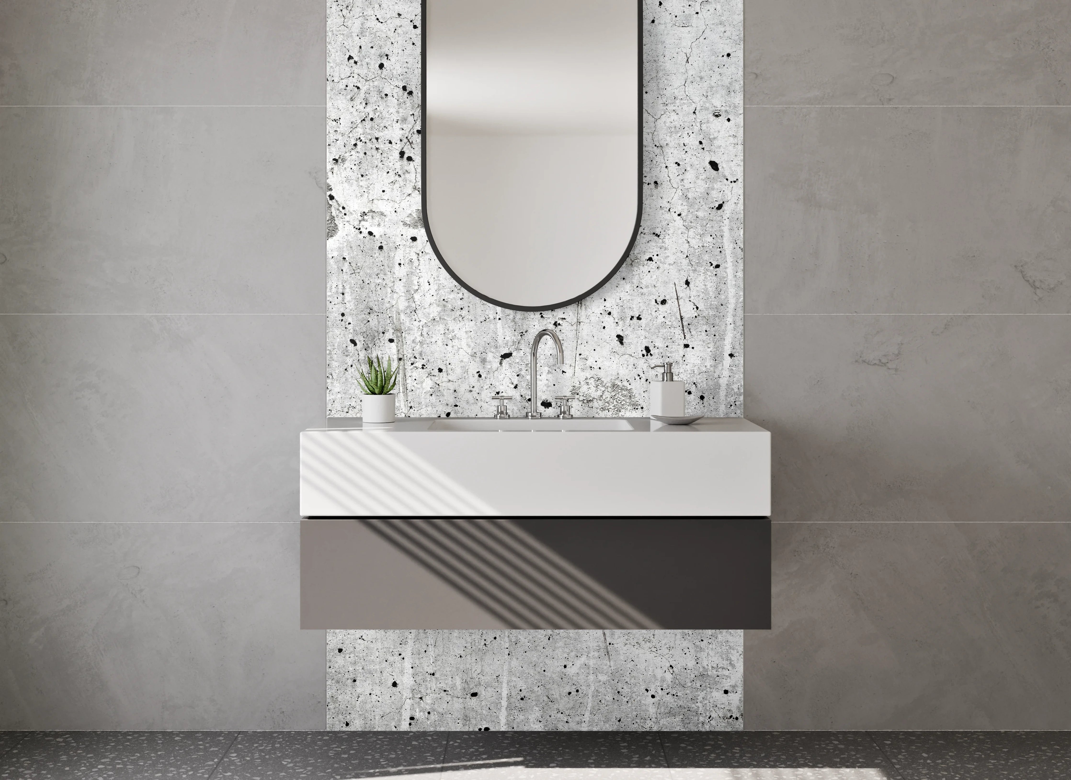 Waschbecken-Rückwand - Grauweißes Zementdesign Wandverkleidung