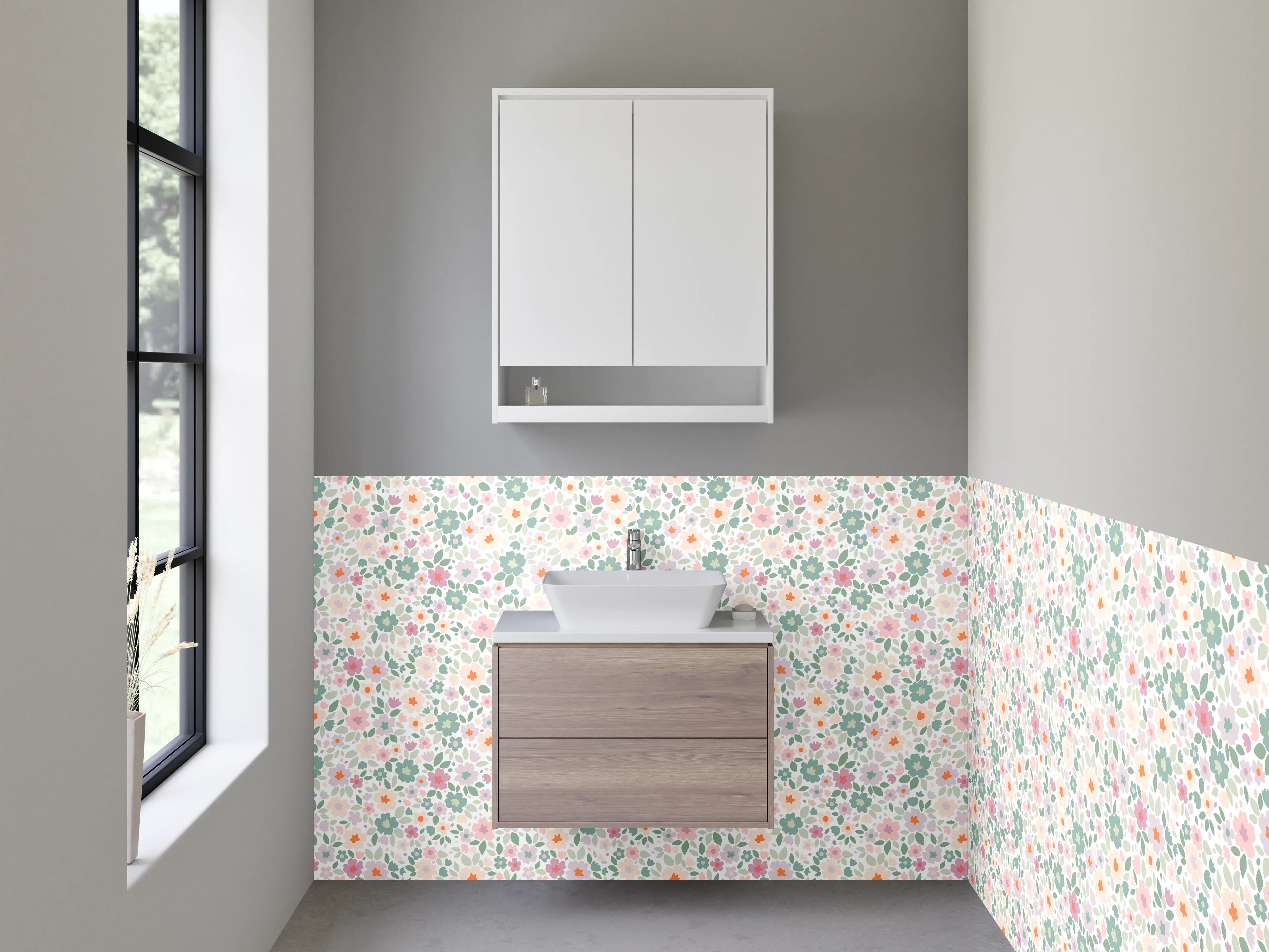 Waschbecken-Rückwand - Graziöse Blüten in Pastell mit Grau