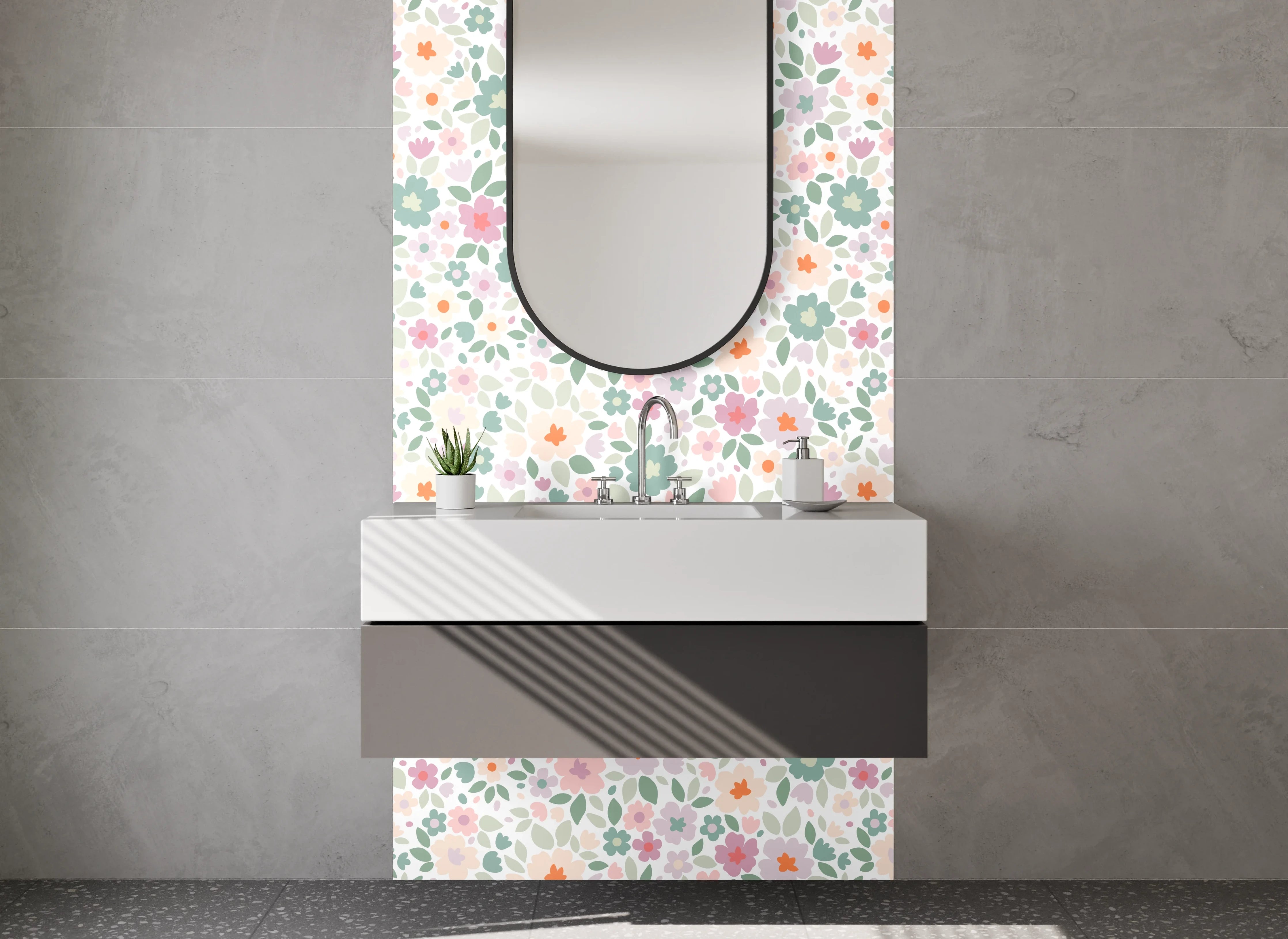 Waschbecken-Rückwand - Graziöse Blüten in Pastell mit Grau