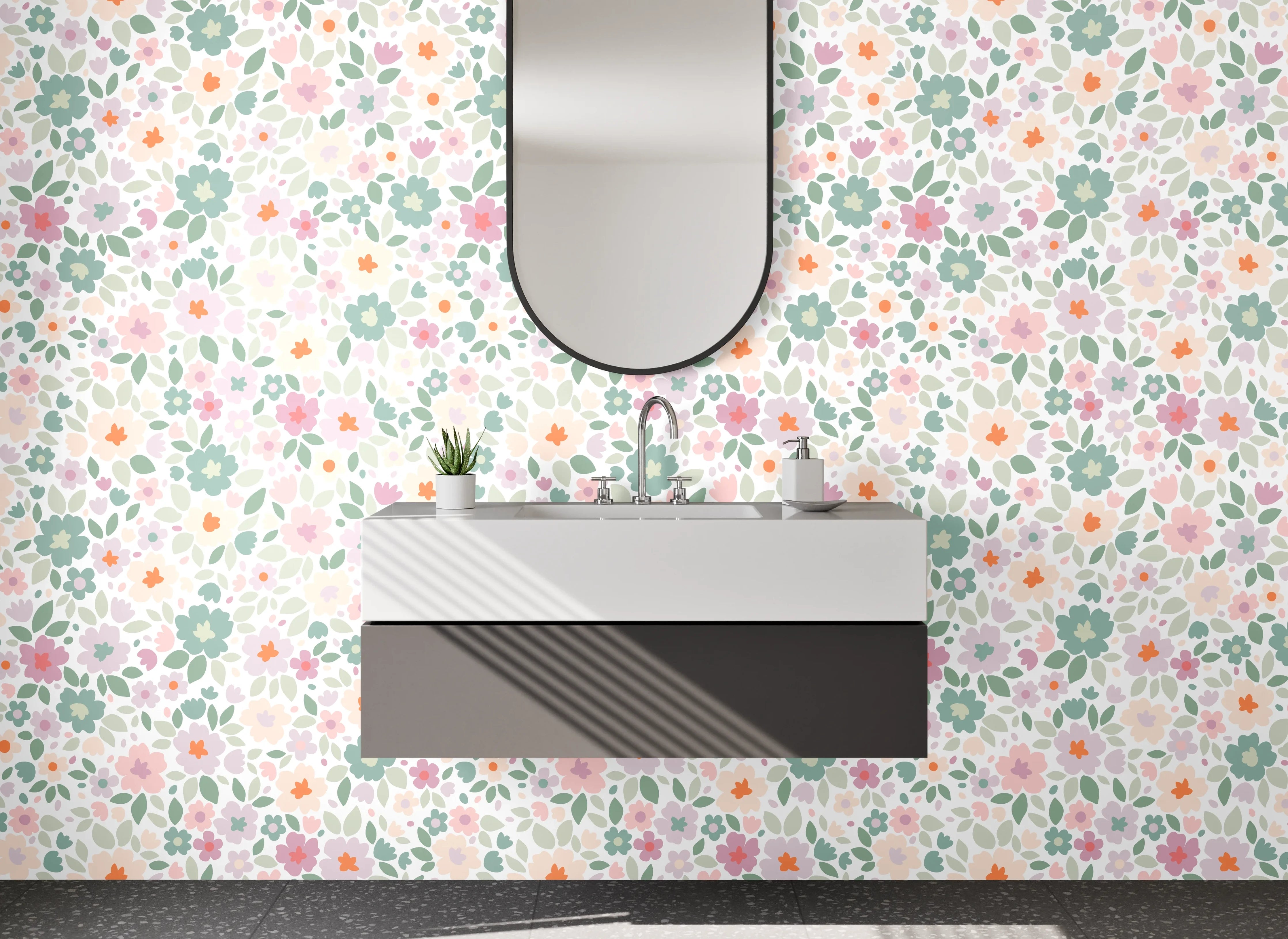 Waschbecken-Rückwand - Graziöse Blüten in Pastell mit Grau