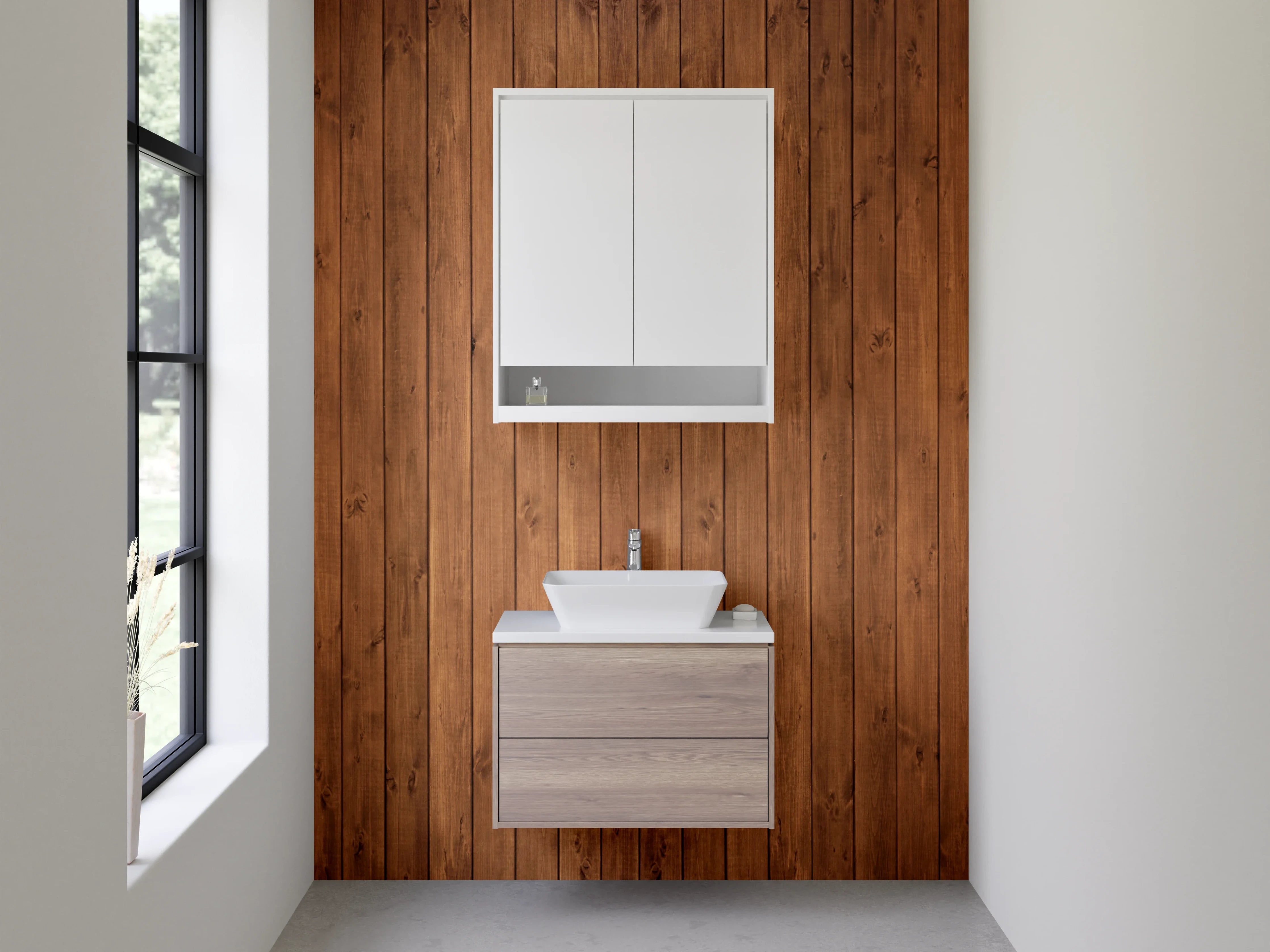 Waschbecken-Rückwand - Große Holzvertäfelung in warmen Braun- und Gotik-Tönen