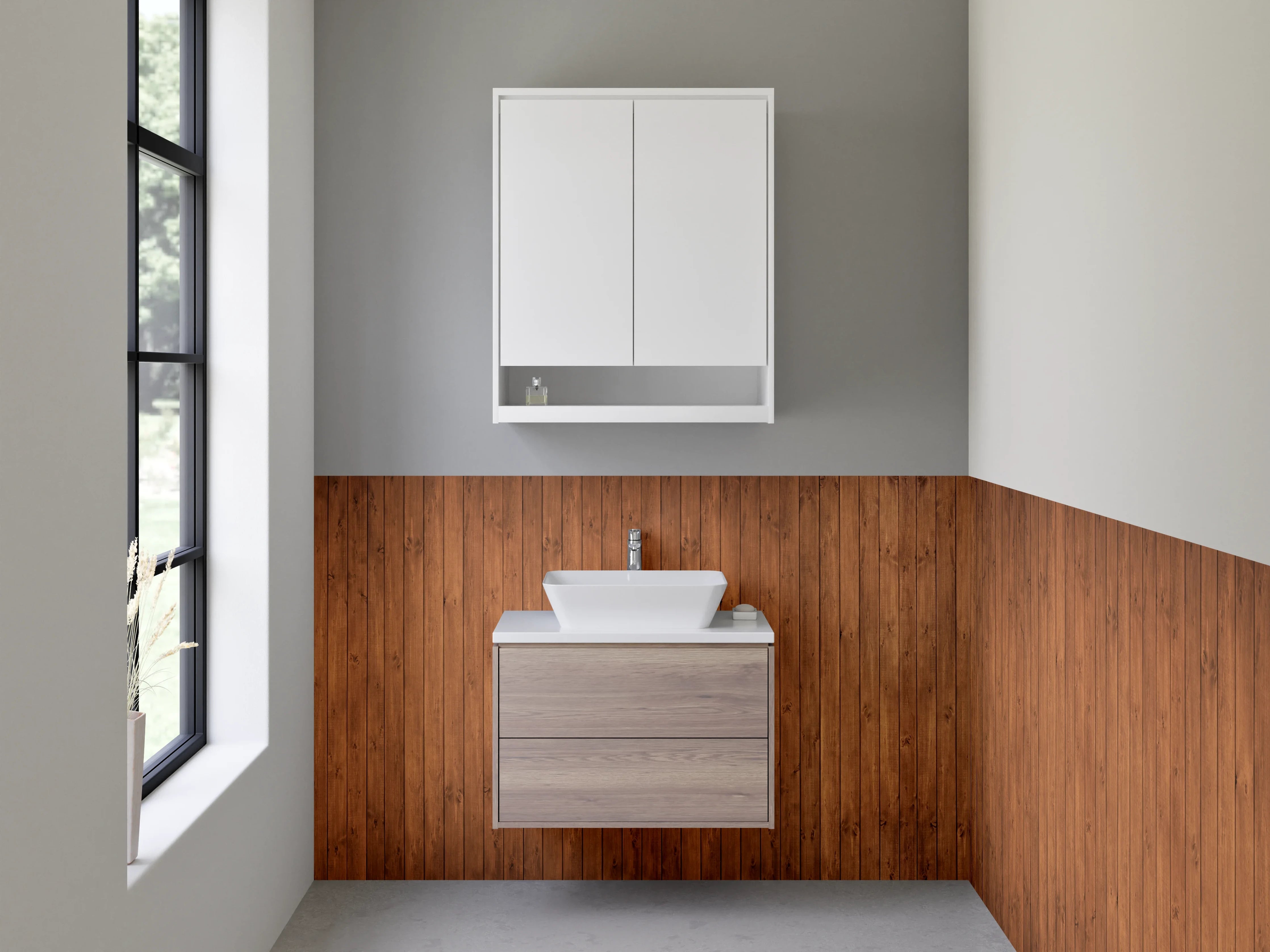 Waschbecken-Rückwand - Große Holzvertäfelung in warmen Braun- und Gotik-Tönen