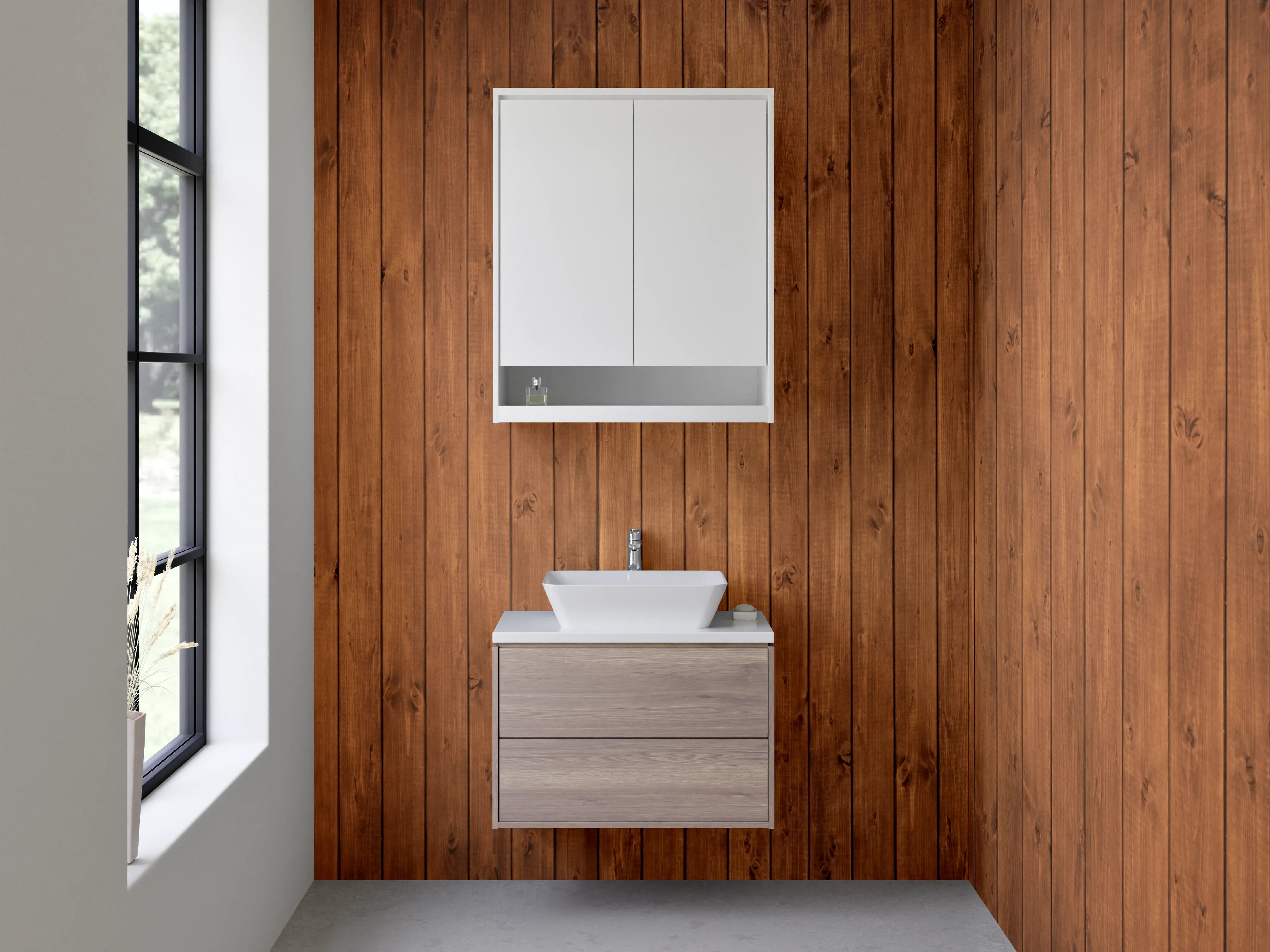 Waschbecken-Rückwand - Große Holzvertäfelung in warmen Braun- und Gotik-Tönen