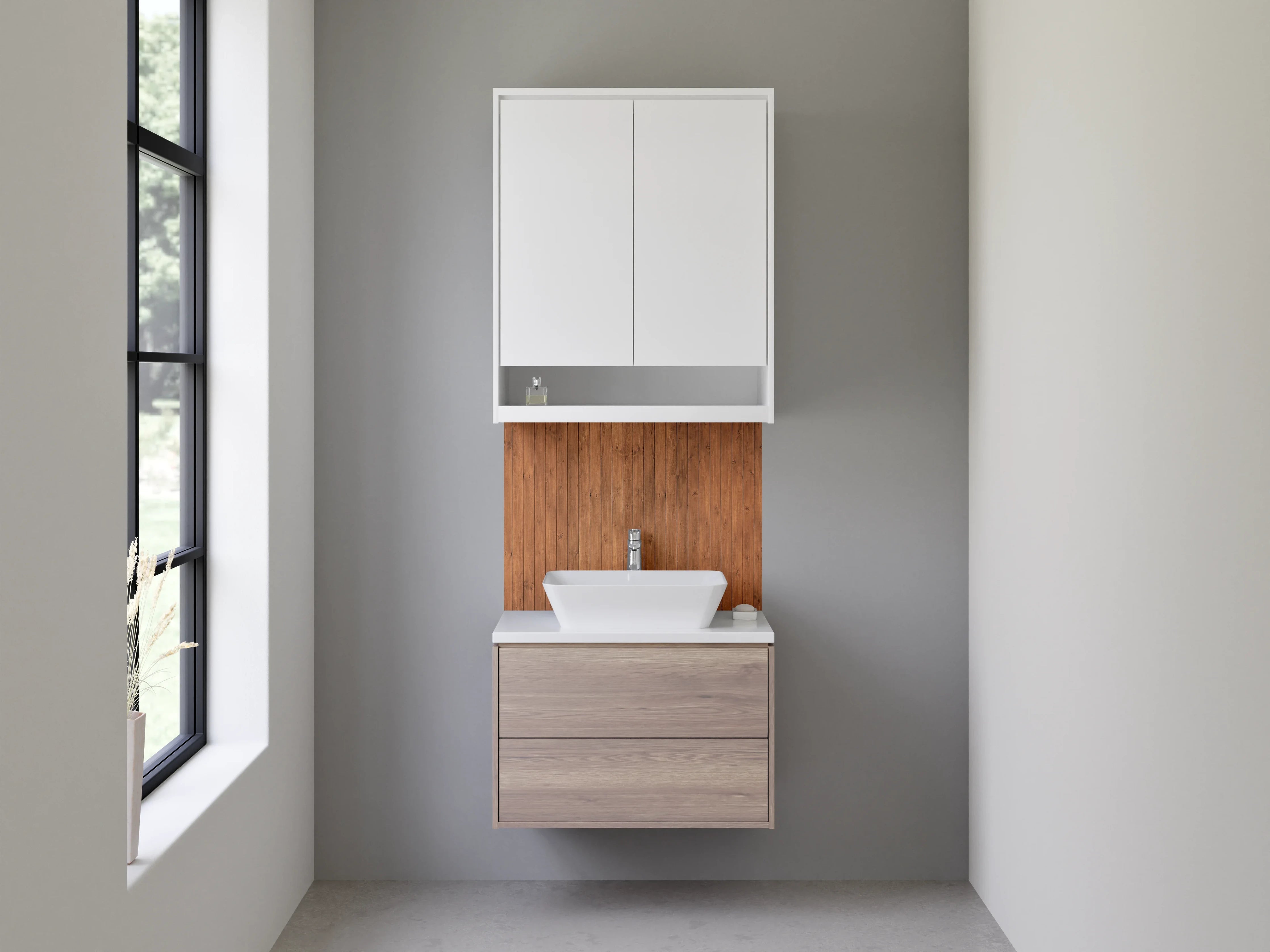 Waschbecken-Rückwand - Große Holzvertäfelung in warmen Braun- und Gotik-Tönen