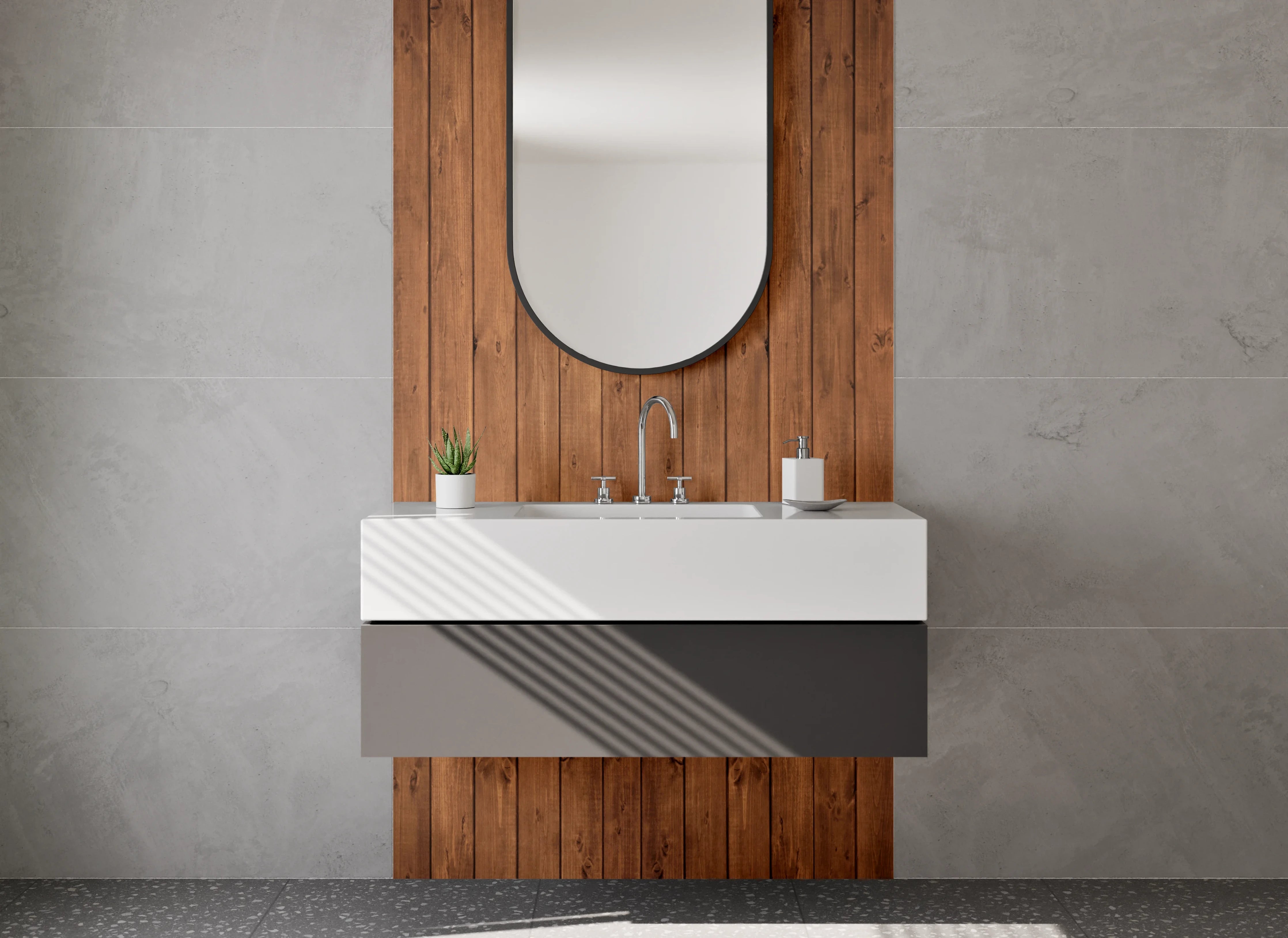 Waschbecken-Rückwand - Große Holzvertäfelung in warmen Braun- und Gotik-Tönen