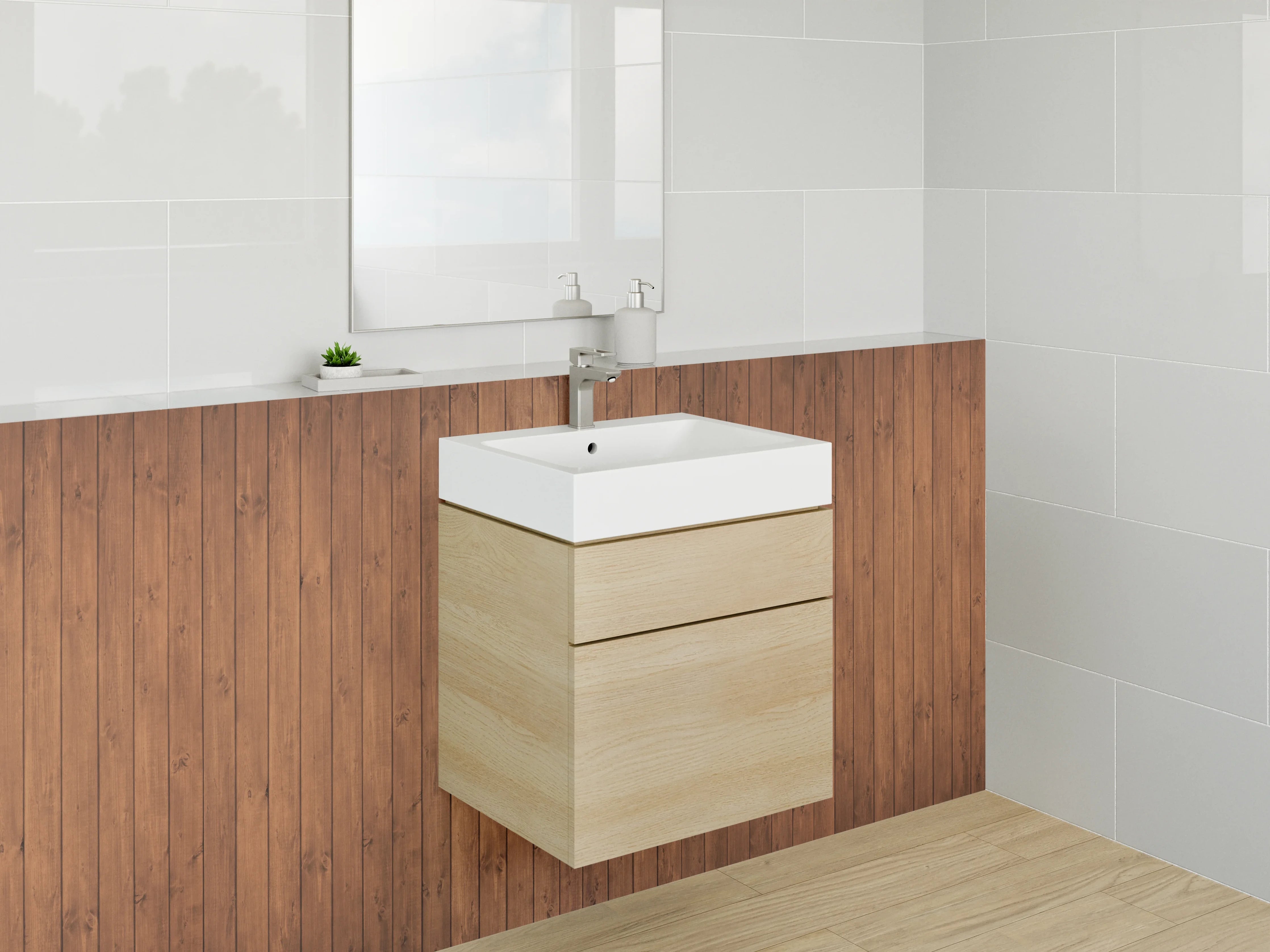 Waschbecken-Rückwand - Große Holzvertäfelung in warmen Braun- und Gotik-Tönen