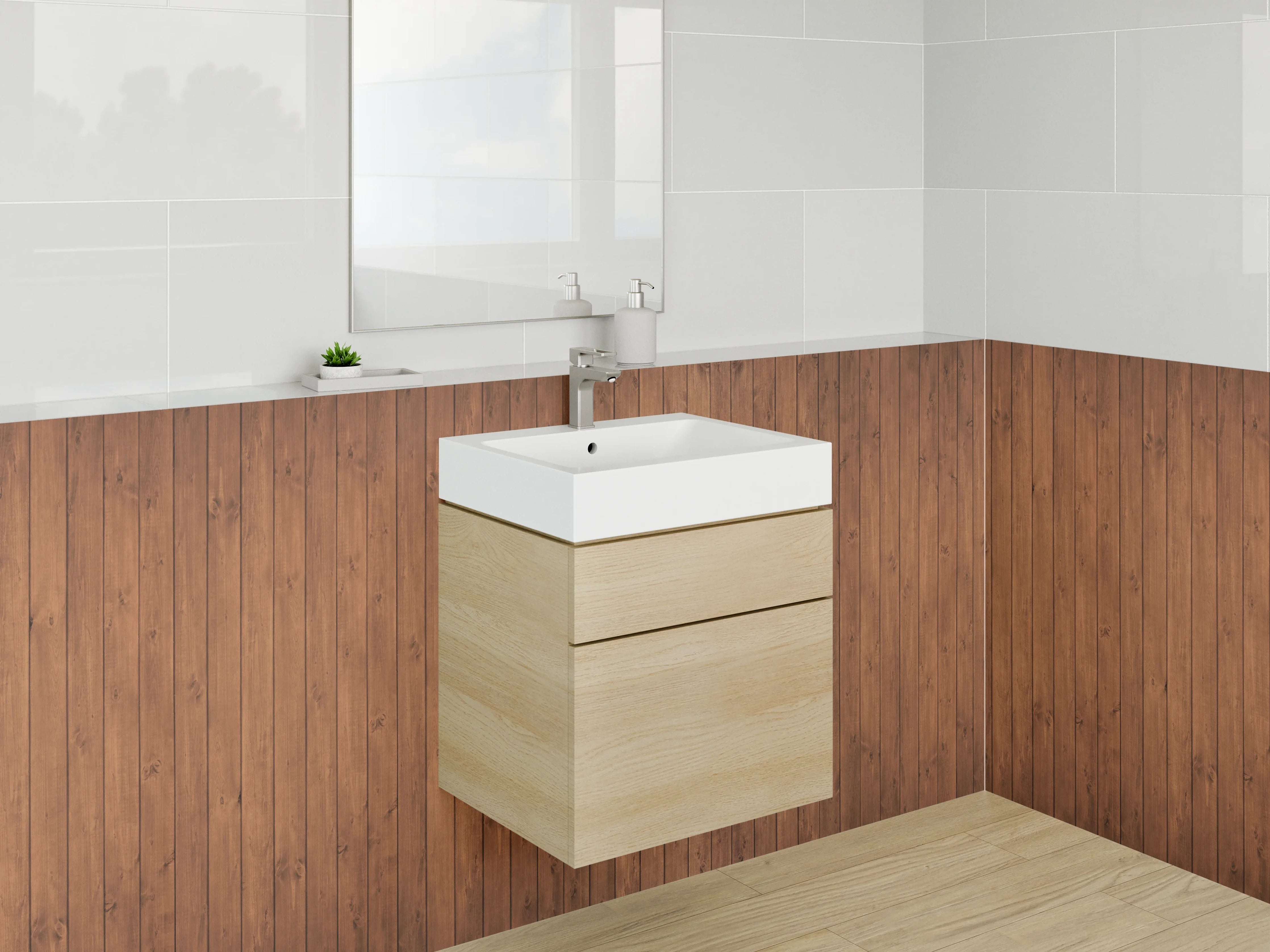 Waschbecken-Rückwand - Große Holzvertäfelung in warmen Braun- und Gotik-Tönen