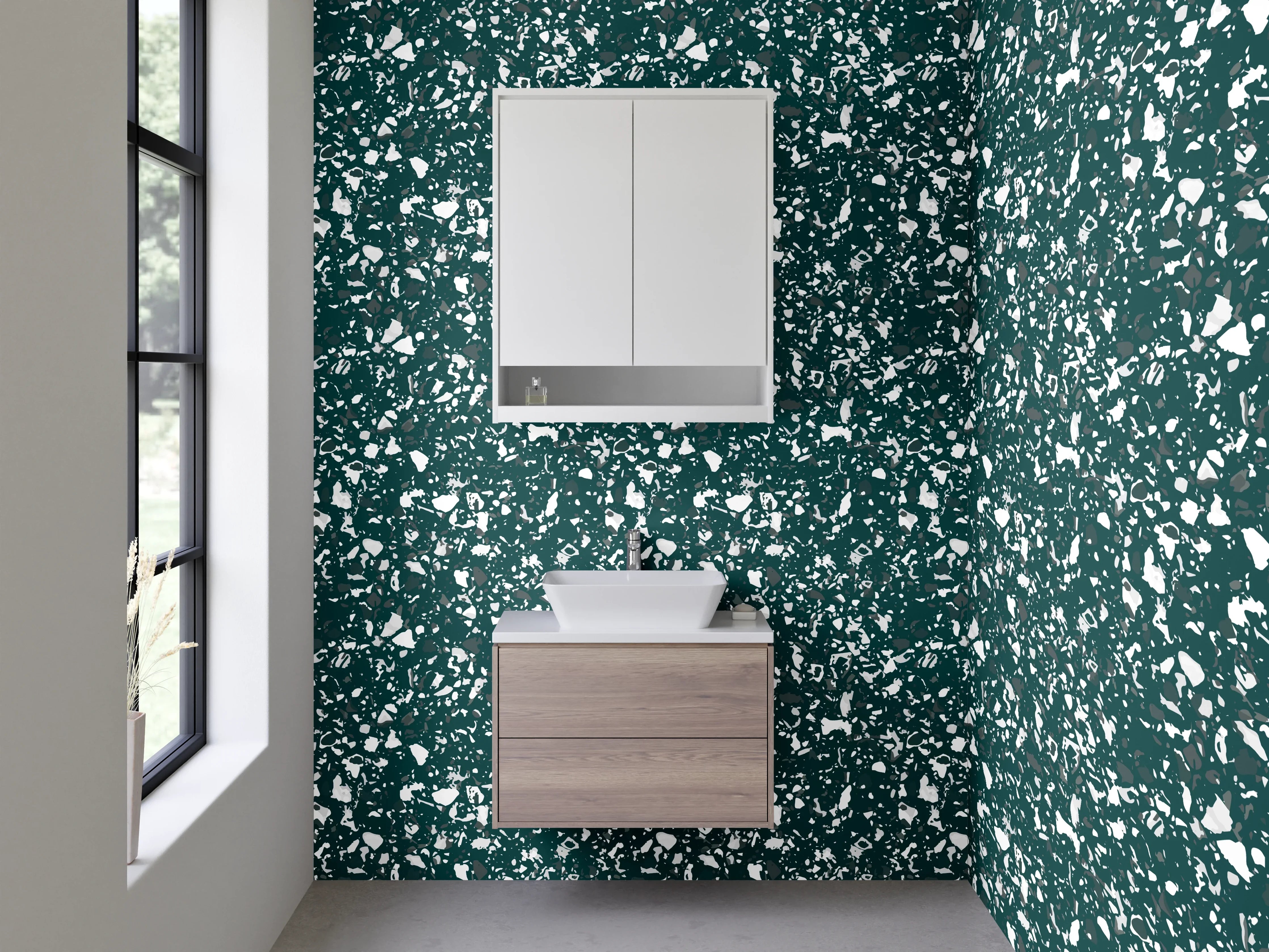 Waschbecken-Rückwand - Grün-Graue Blüten auf Weiß