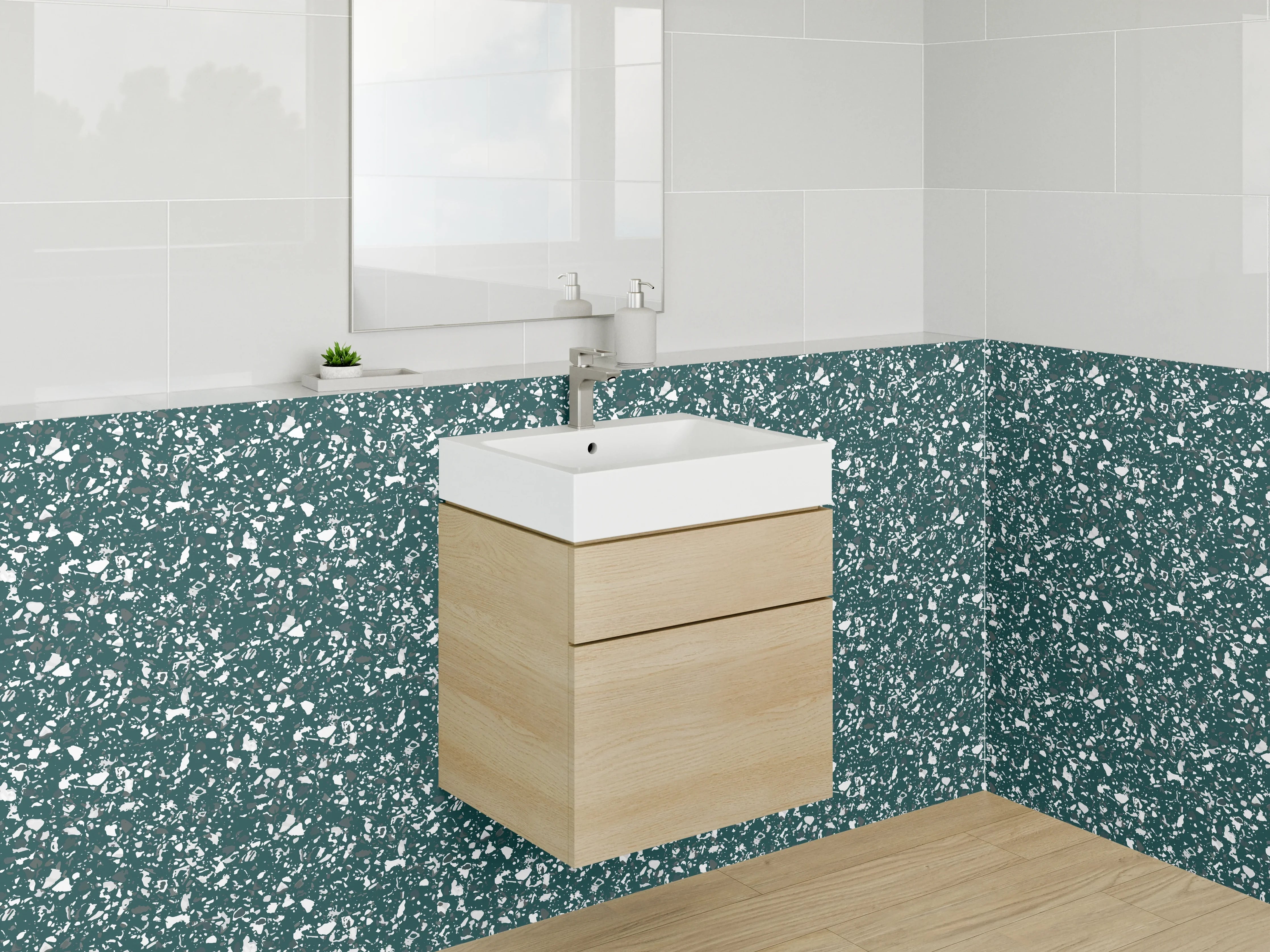 Waschbecken-Rückwand - Grün-Graue Blüten auf Weiß