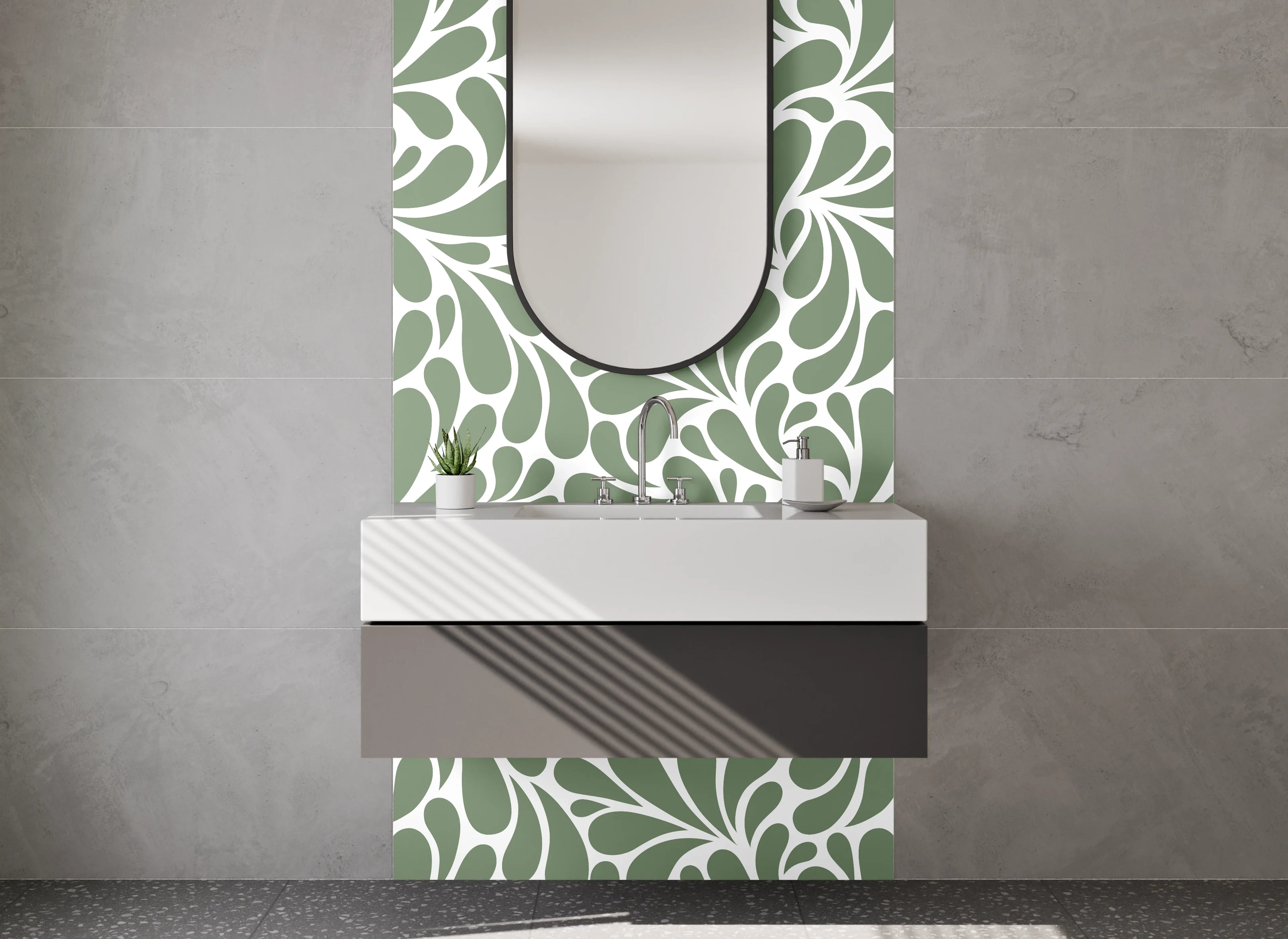 Waschbecken-Rückwand - Grün-Graues Blumenornament auf Weiß