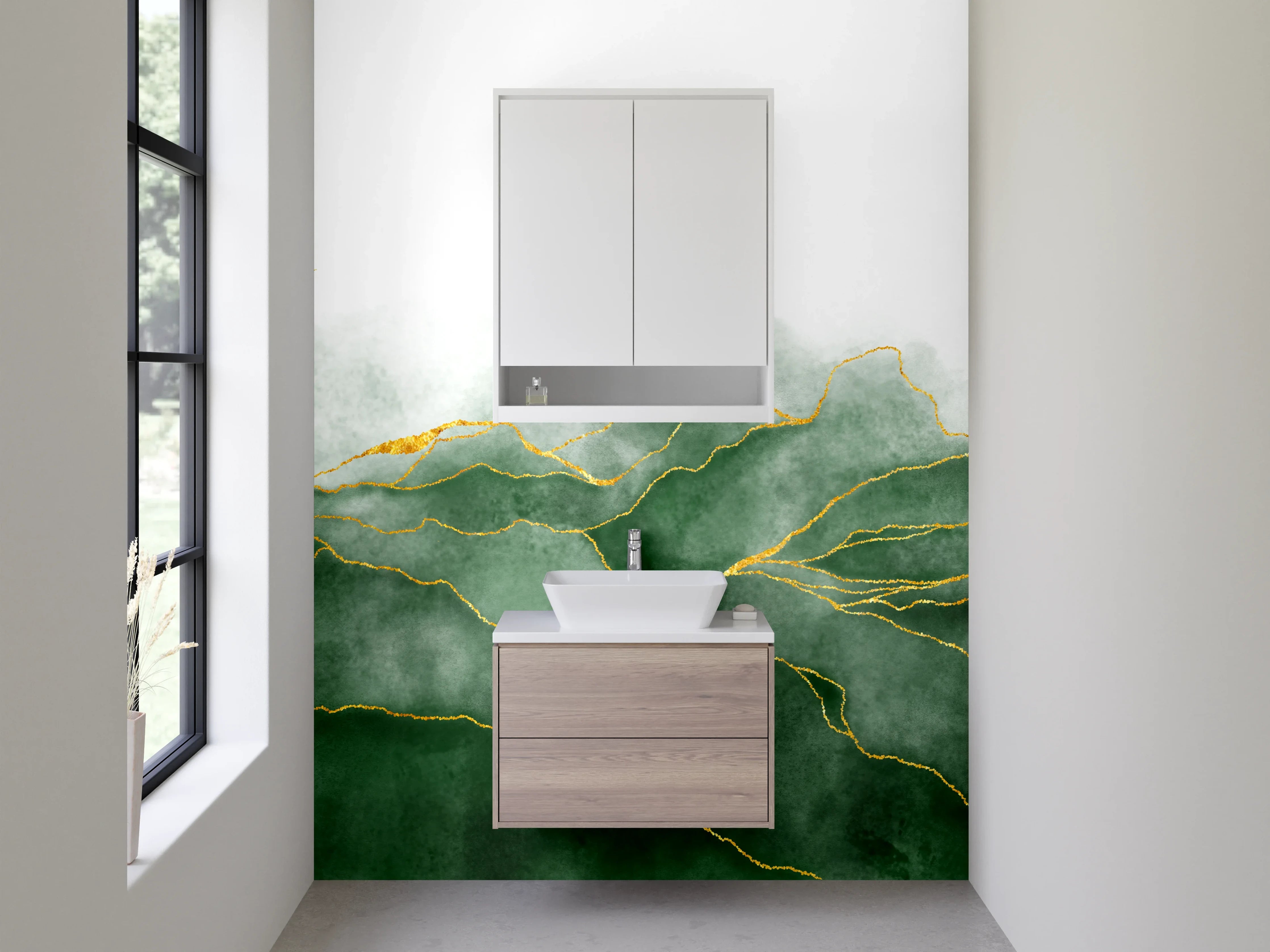 Waschbecken-Rückwand - Grüne Aquarell-Blätter mit Goldlinien