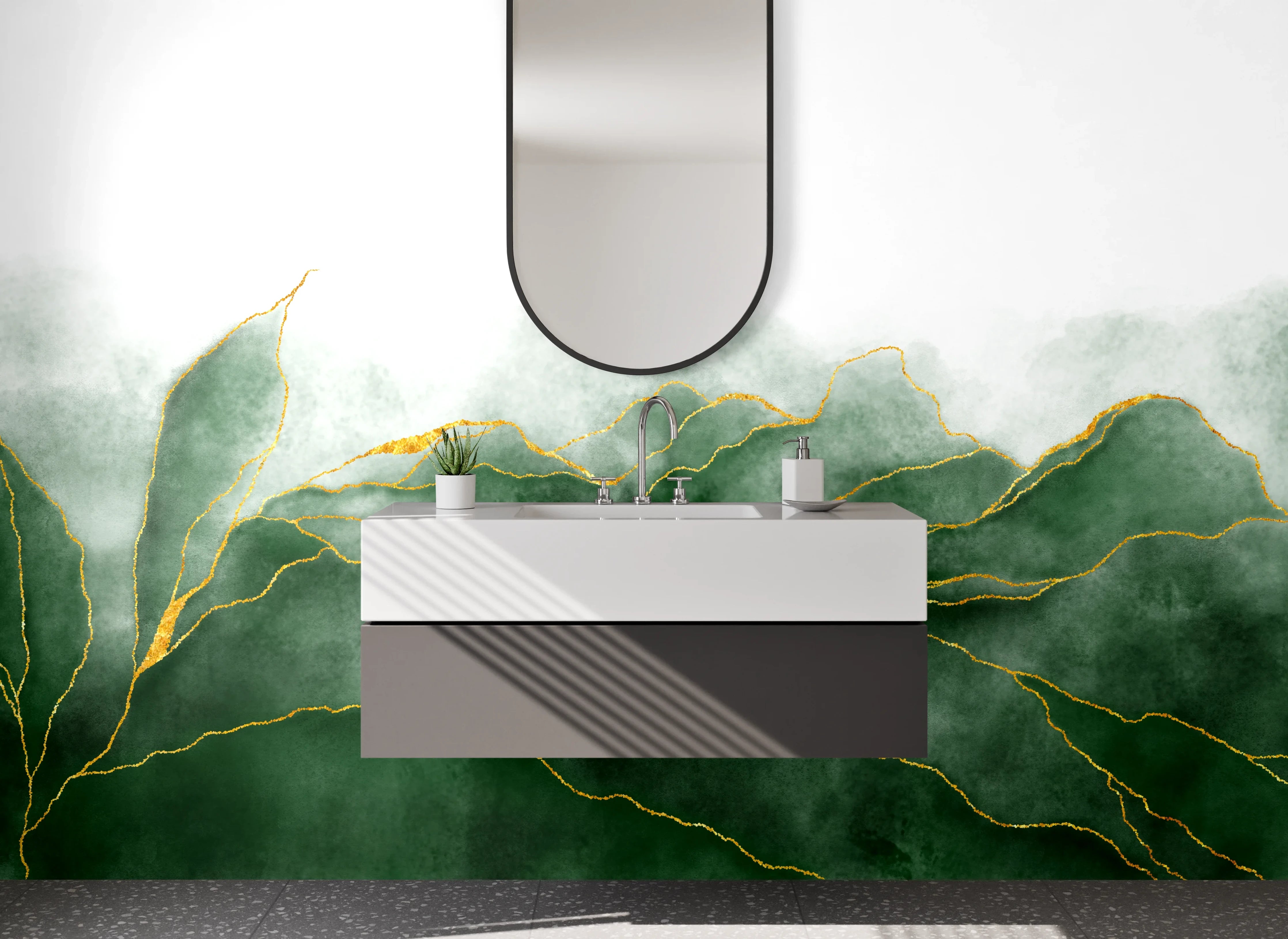 Waschbecken-Rückwand - Grüne Aquarell-Blätter mit Goldlinien