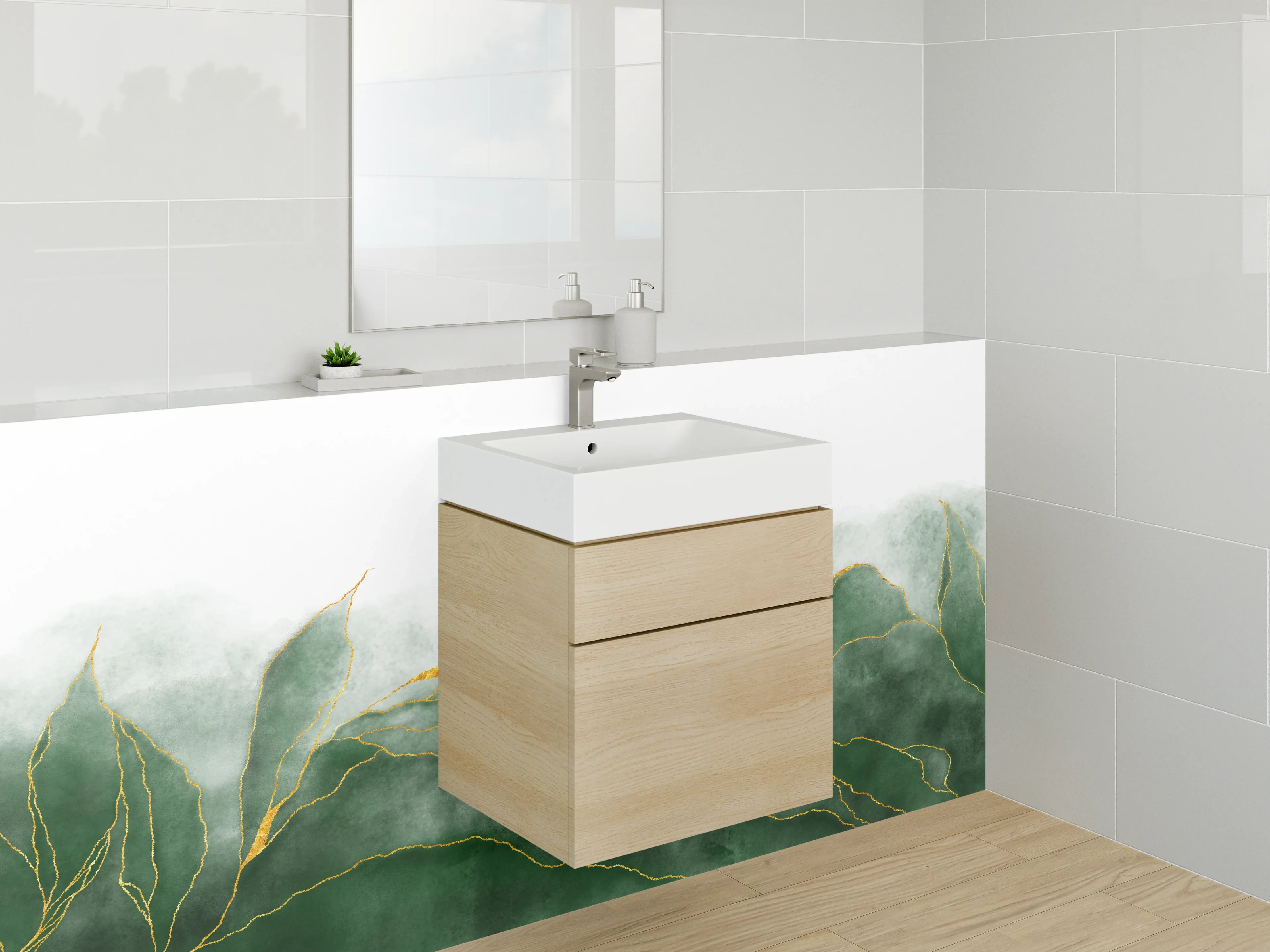 Waschbecken-Rückwand - Grüne Aquarell-Blätter mit Goldlinien