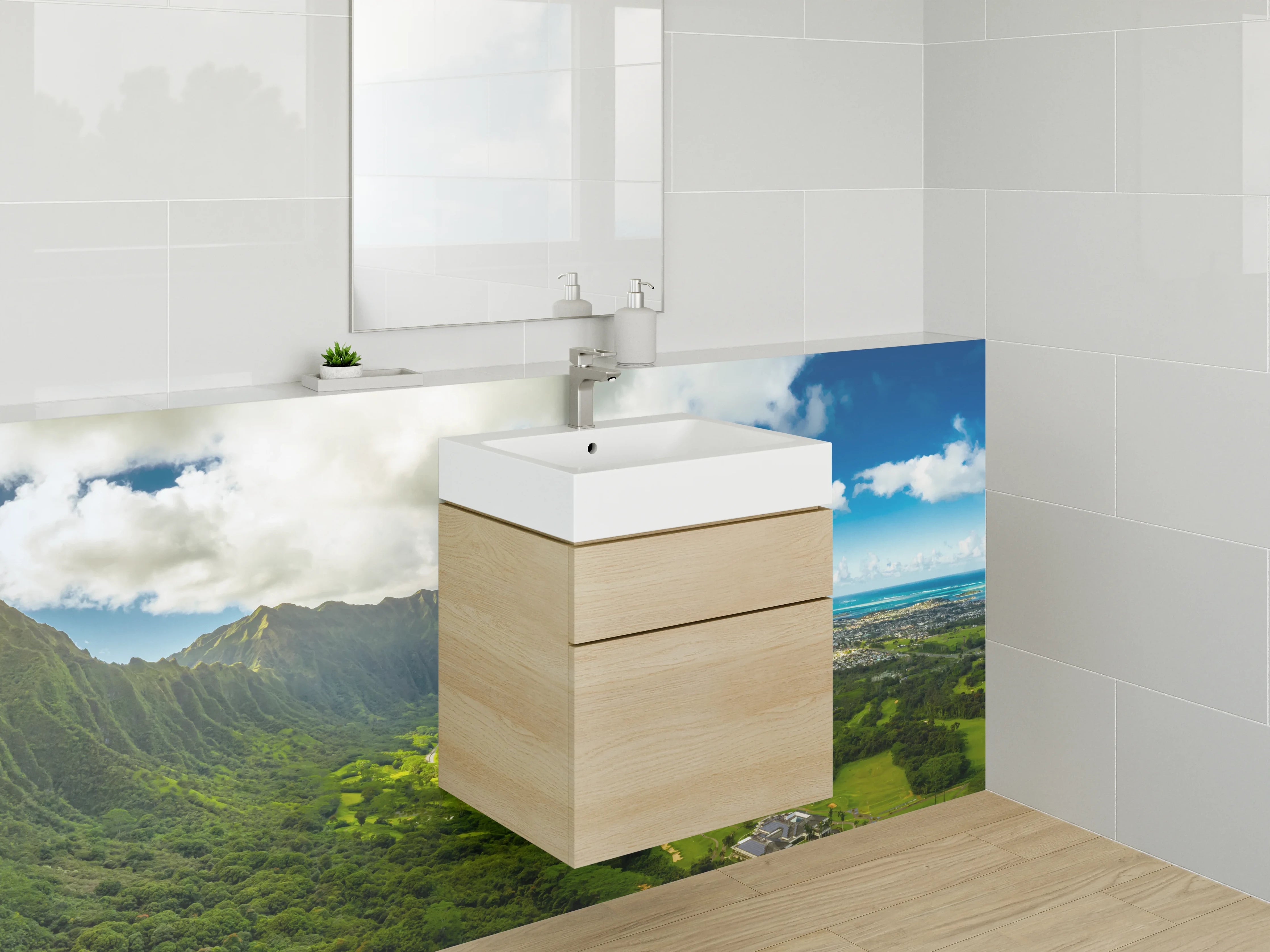 Waschbecken-Rückwand - Grüne Berglandschaft bei Sonnenschein