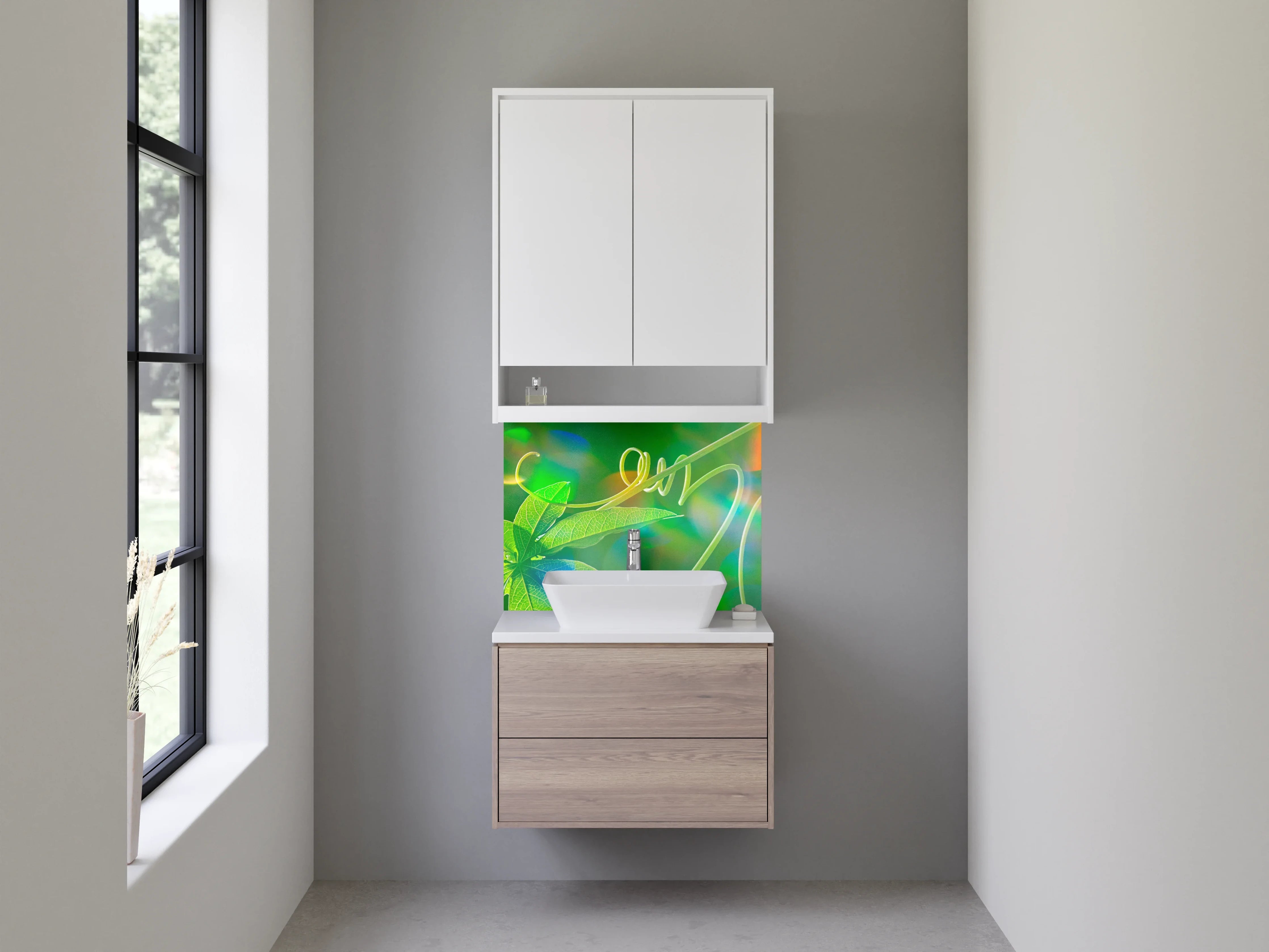 Waschbecken-Rückwand - Grüne Ranke mit Lichtreflexen