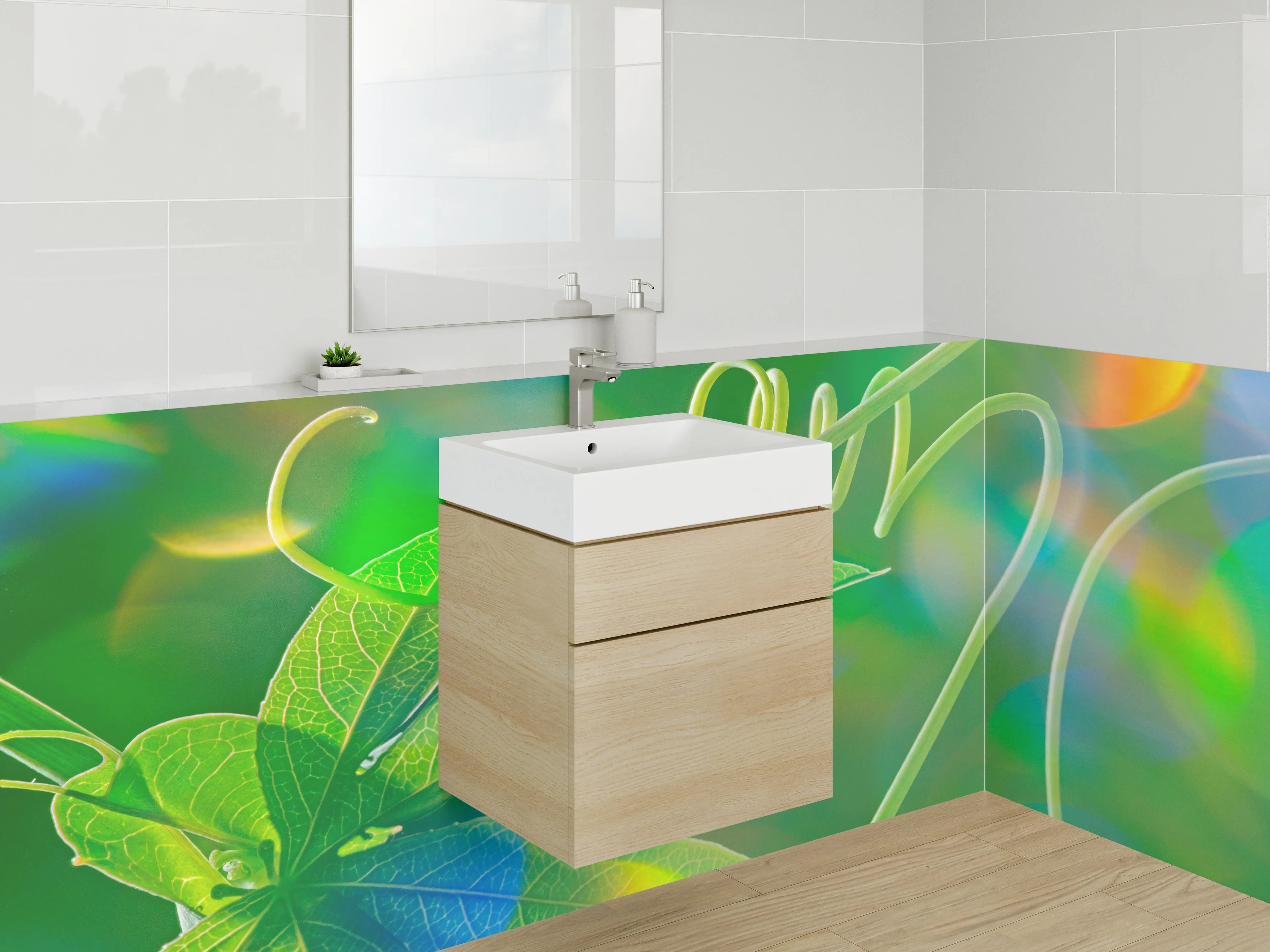 Waschbecken-Rückwand - Grüne Ranke mit Lichtreflexen