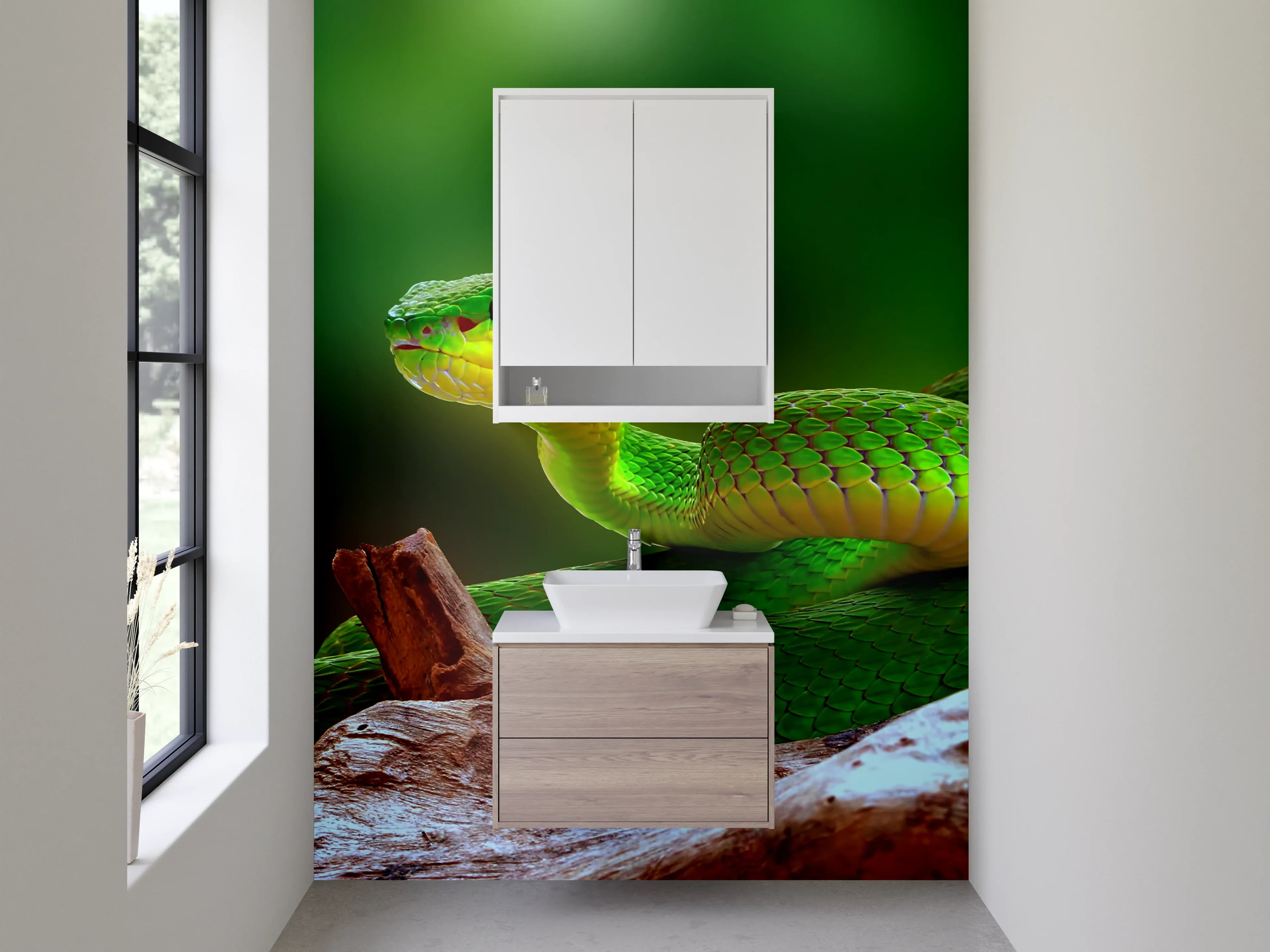 Waschbecken-Rückwand - Grüne Schlange auf Ast – Naturmotiv