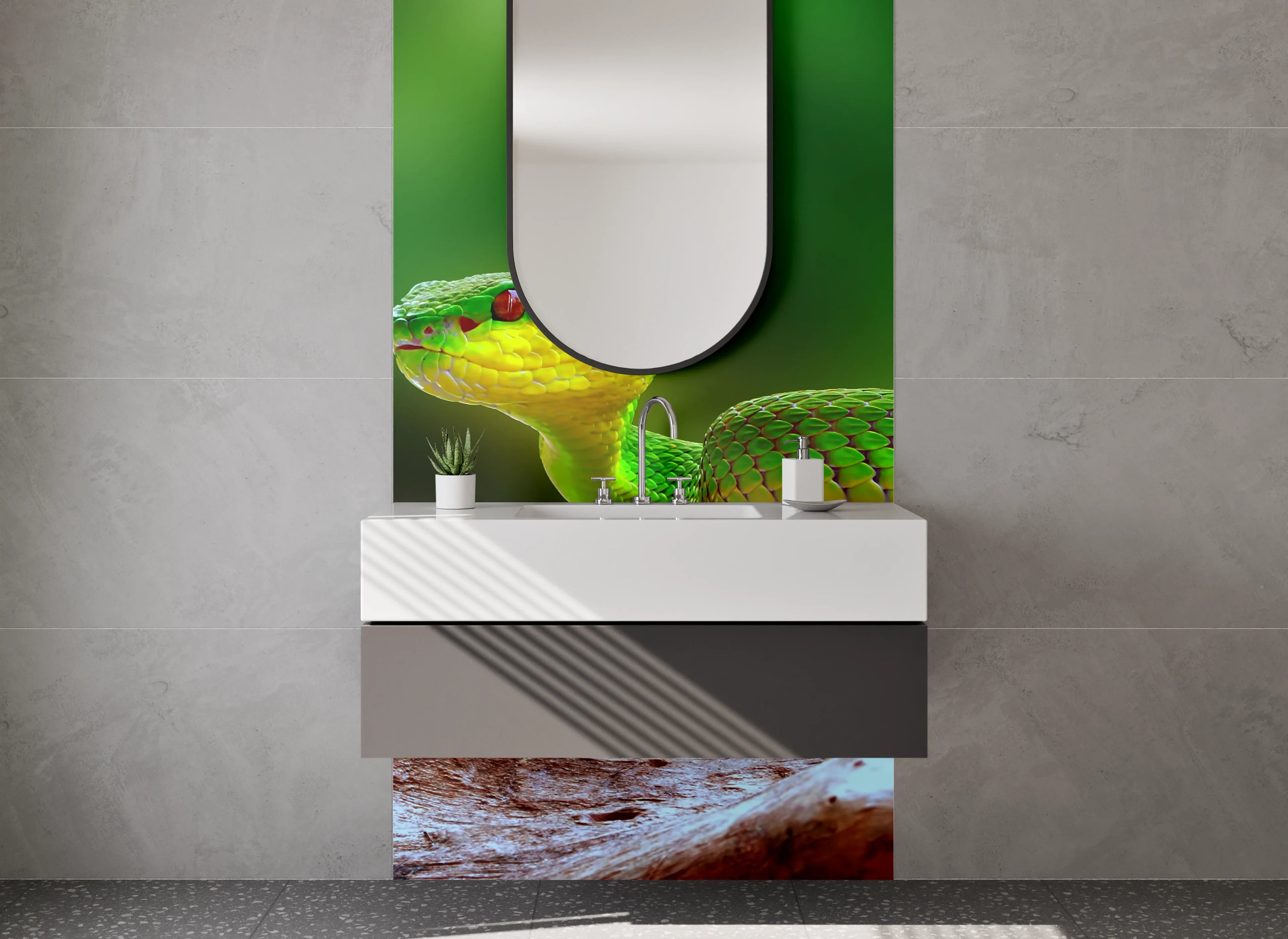 Waschbecken-Rückwand - Grüne Schlange auf Ast – Naturmotiv