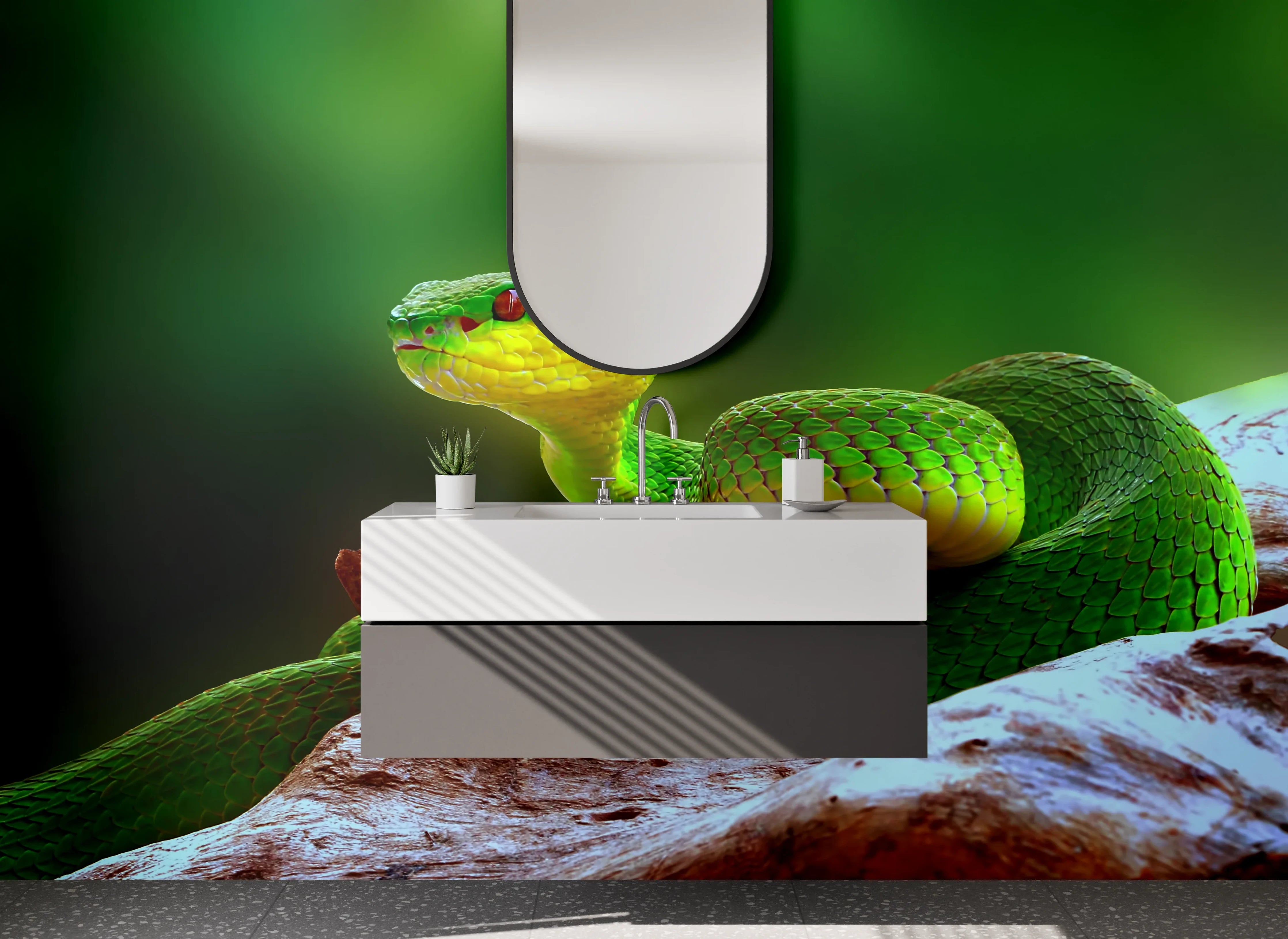 Waschbecken-Rückwand - Grüne Schlange auf Ast – Naturmotiv