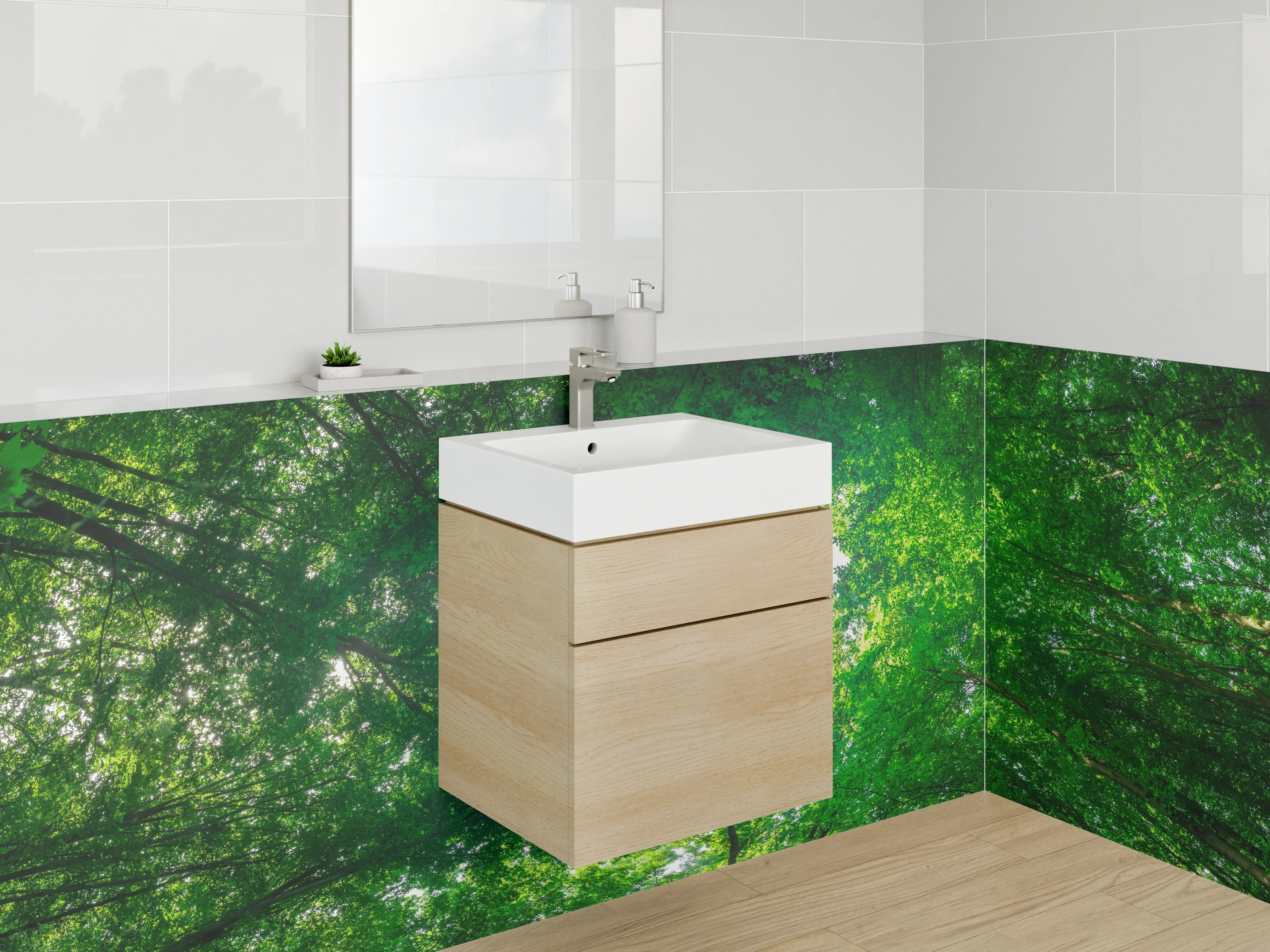 Waschbecken-Rückwand - Grüner Wald mit Himmelssicht