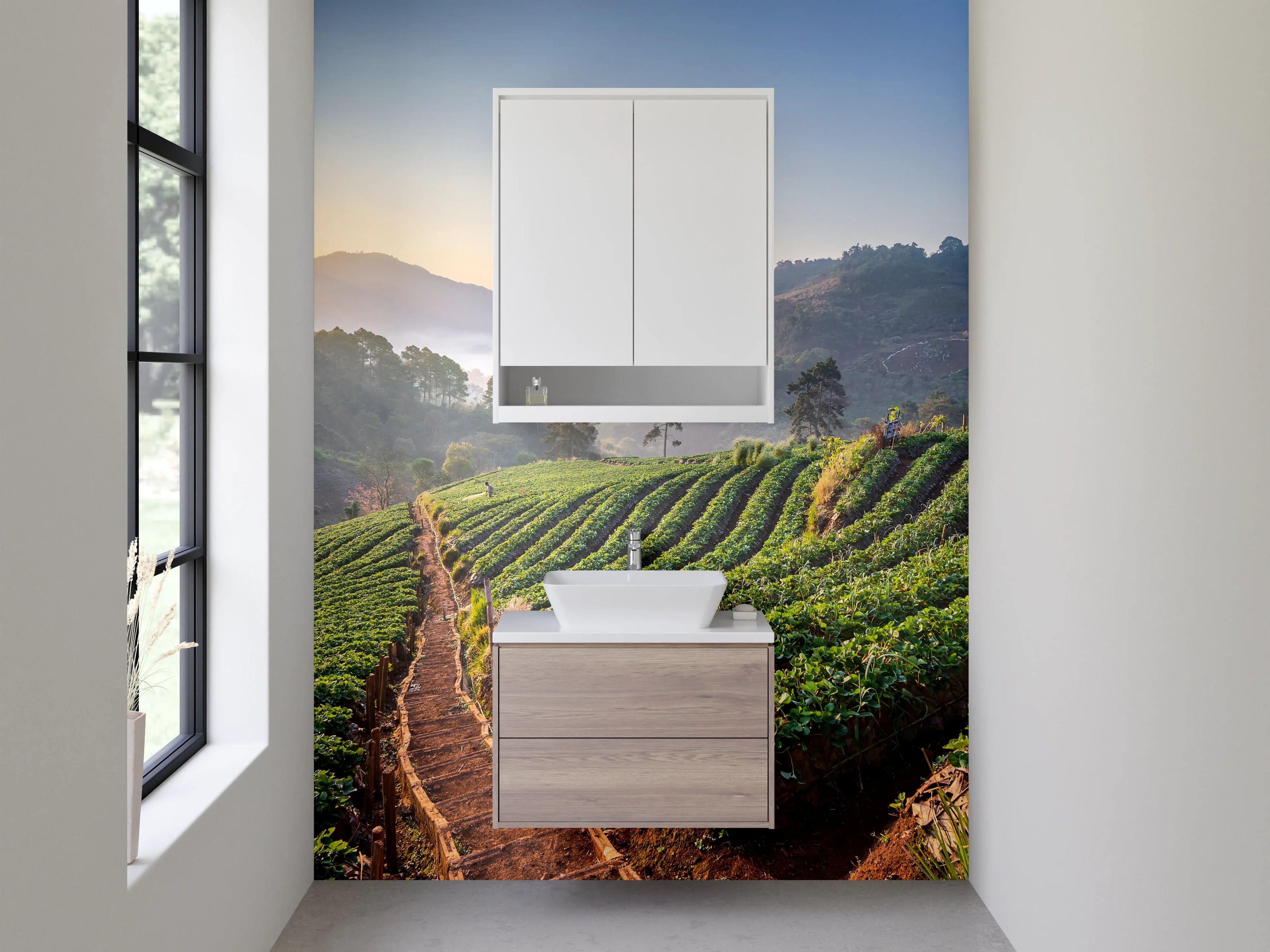 Waschbecken-Rückwand - Grünes Teeplantagen in den Bergen bei Sonnenaufgang