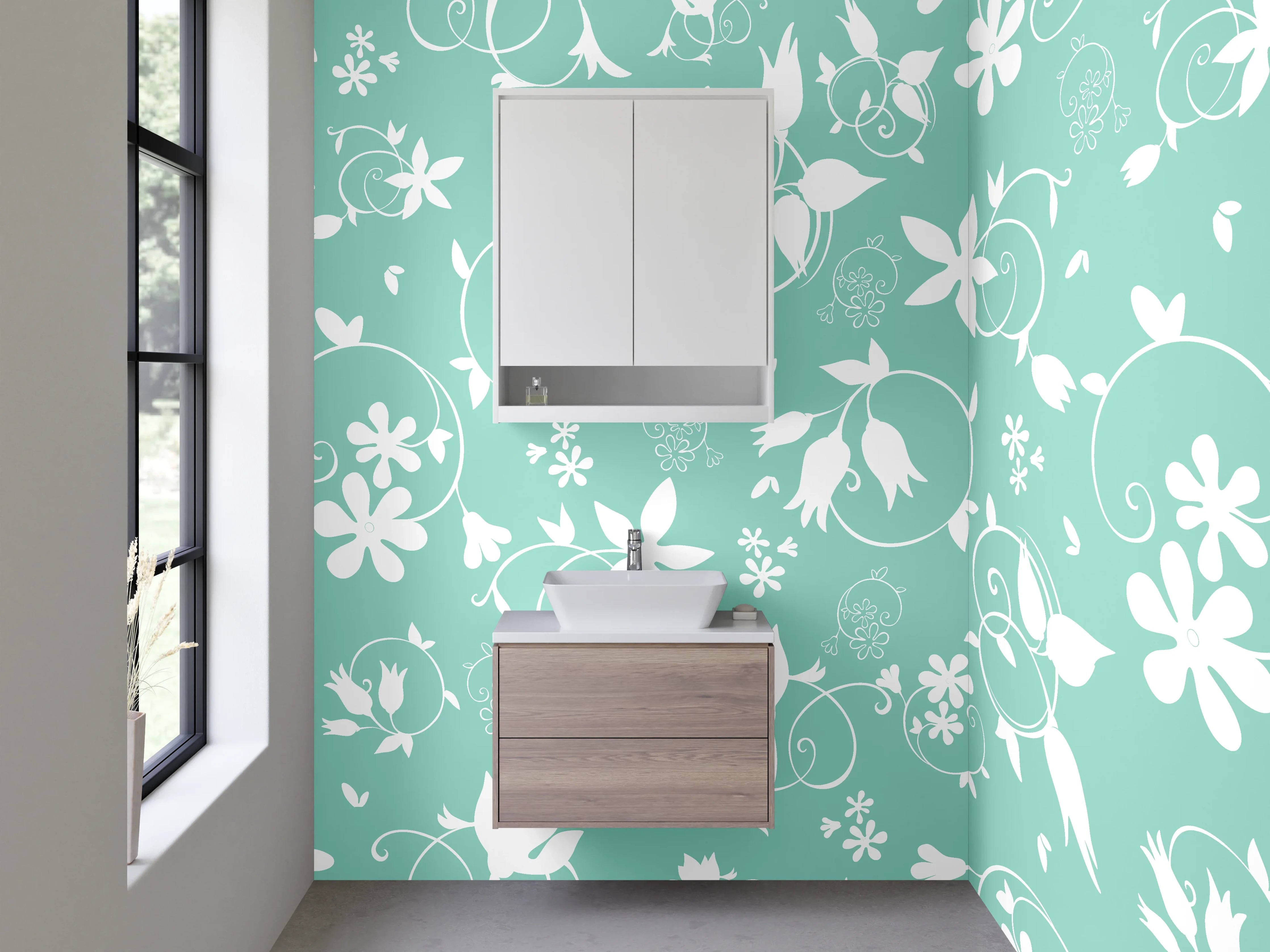 Waschbecken-Rückwand - Hellblaue Blumenmuster-Wandgestaltung