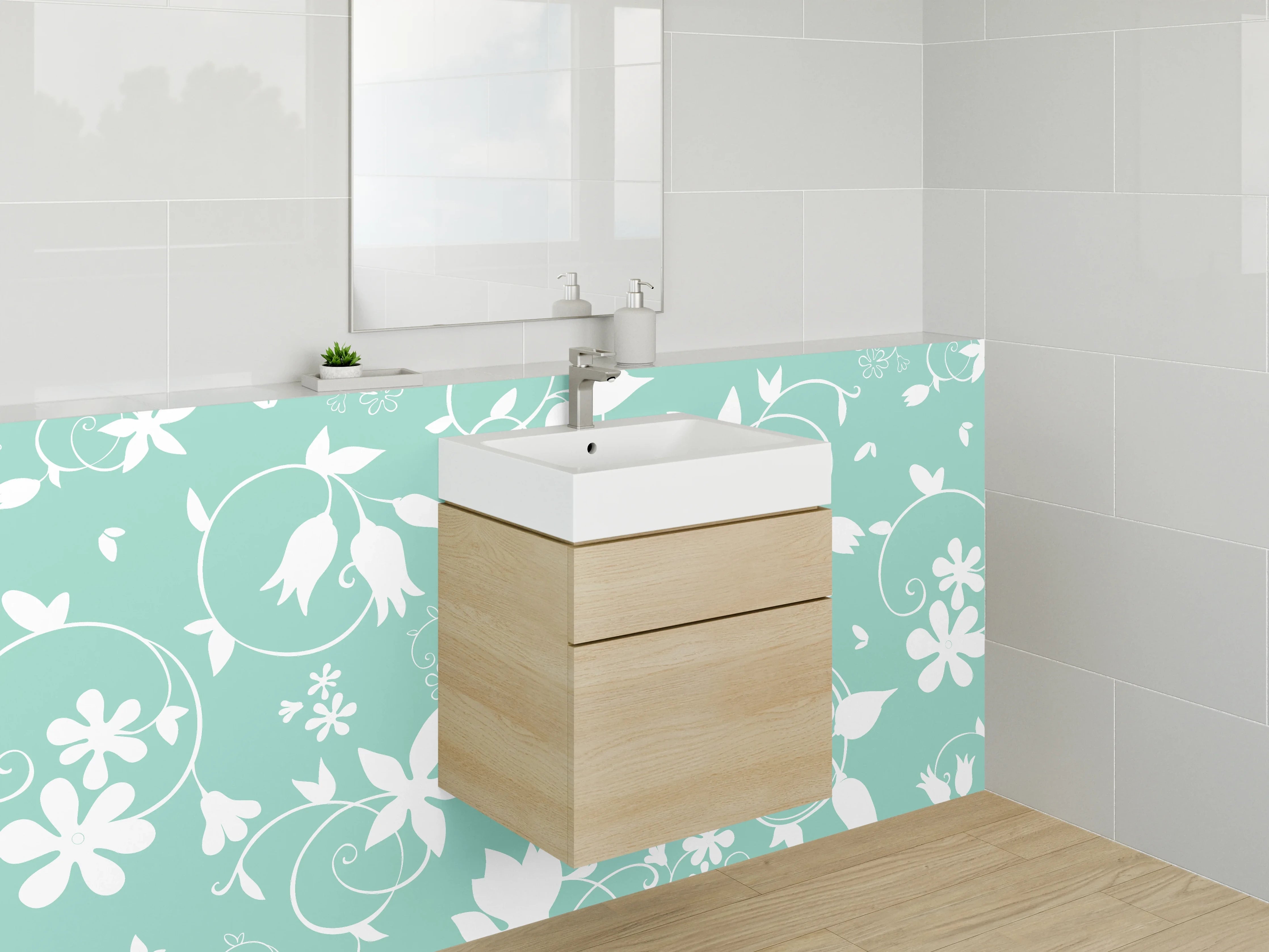 Waschbecken-Rückwand - Hellblaue Blumenmuster-Wandgestaltung