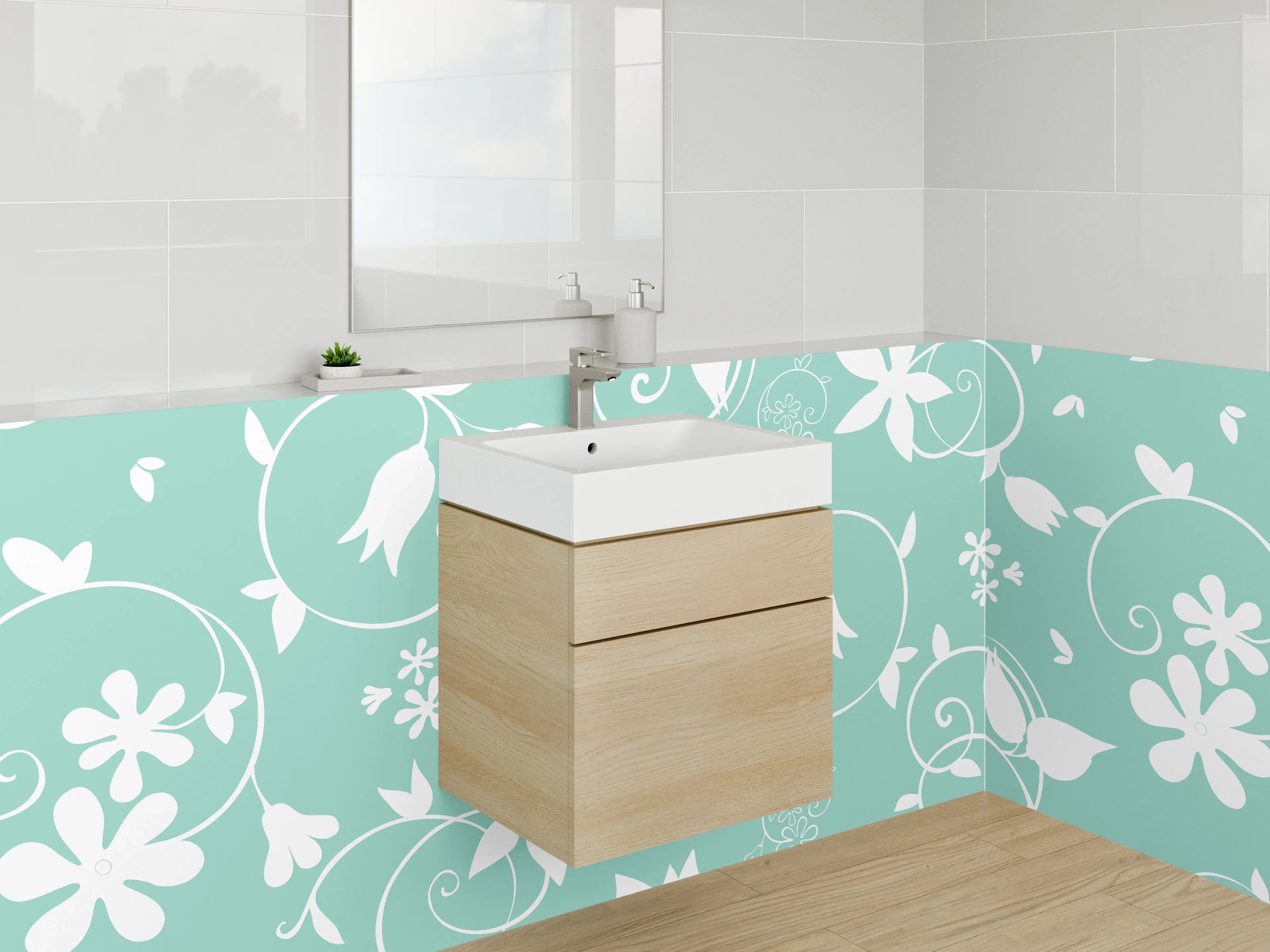 Waschbecken-Rückwand - Hellblaue Blumenmuster-Wandgestaltung