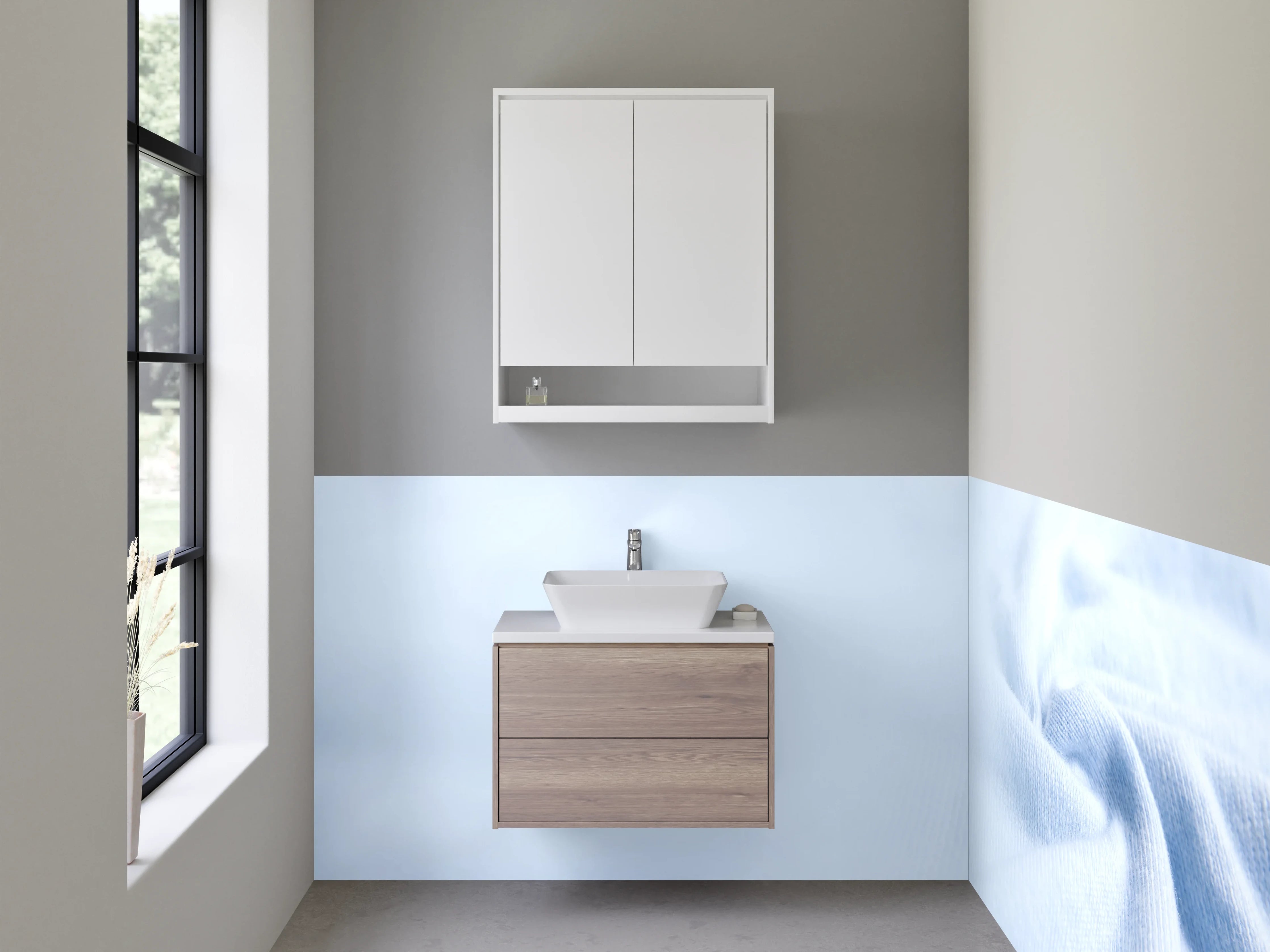 Waschbecken-Rückwand - Hellblaue Textilstruktur – moderne Optik