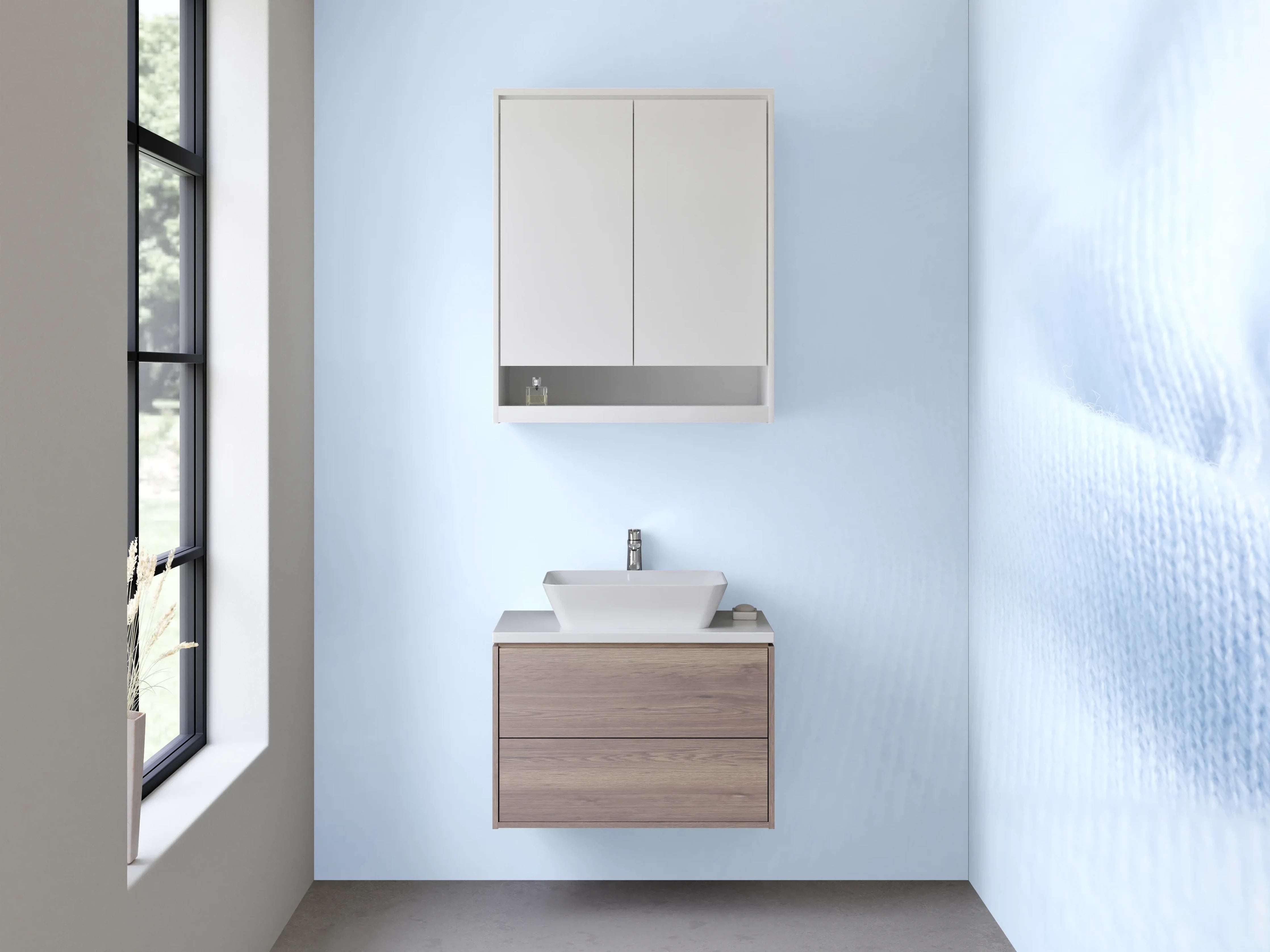 Waschbecken-Rückwand - Hellblaue Textilstruktur – moderne Optik