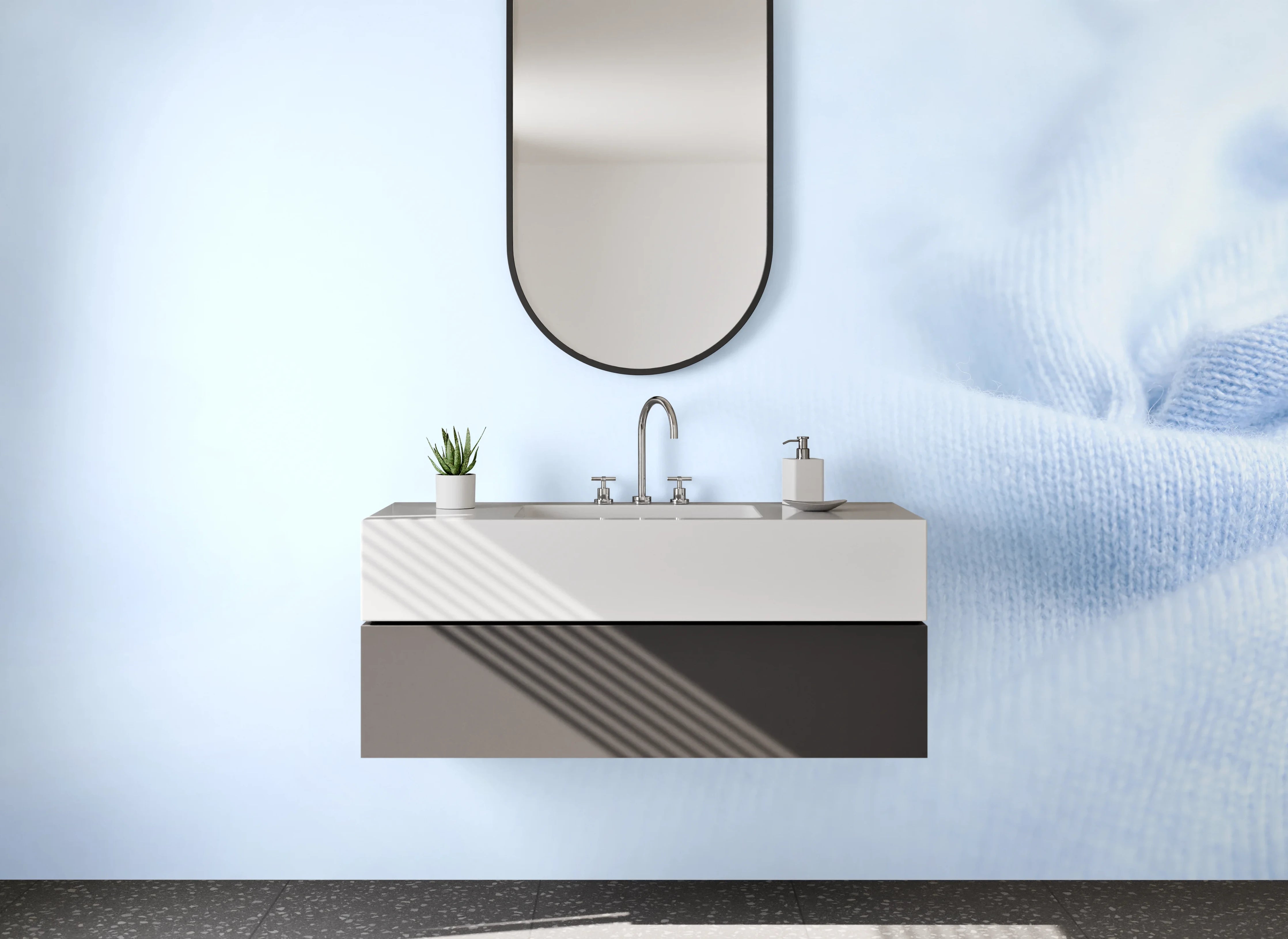 Waschbecken-Rückwand - Hellblaue Textilstruktur – moderne Optik
