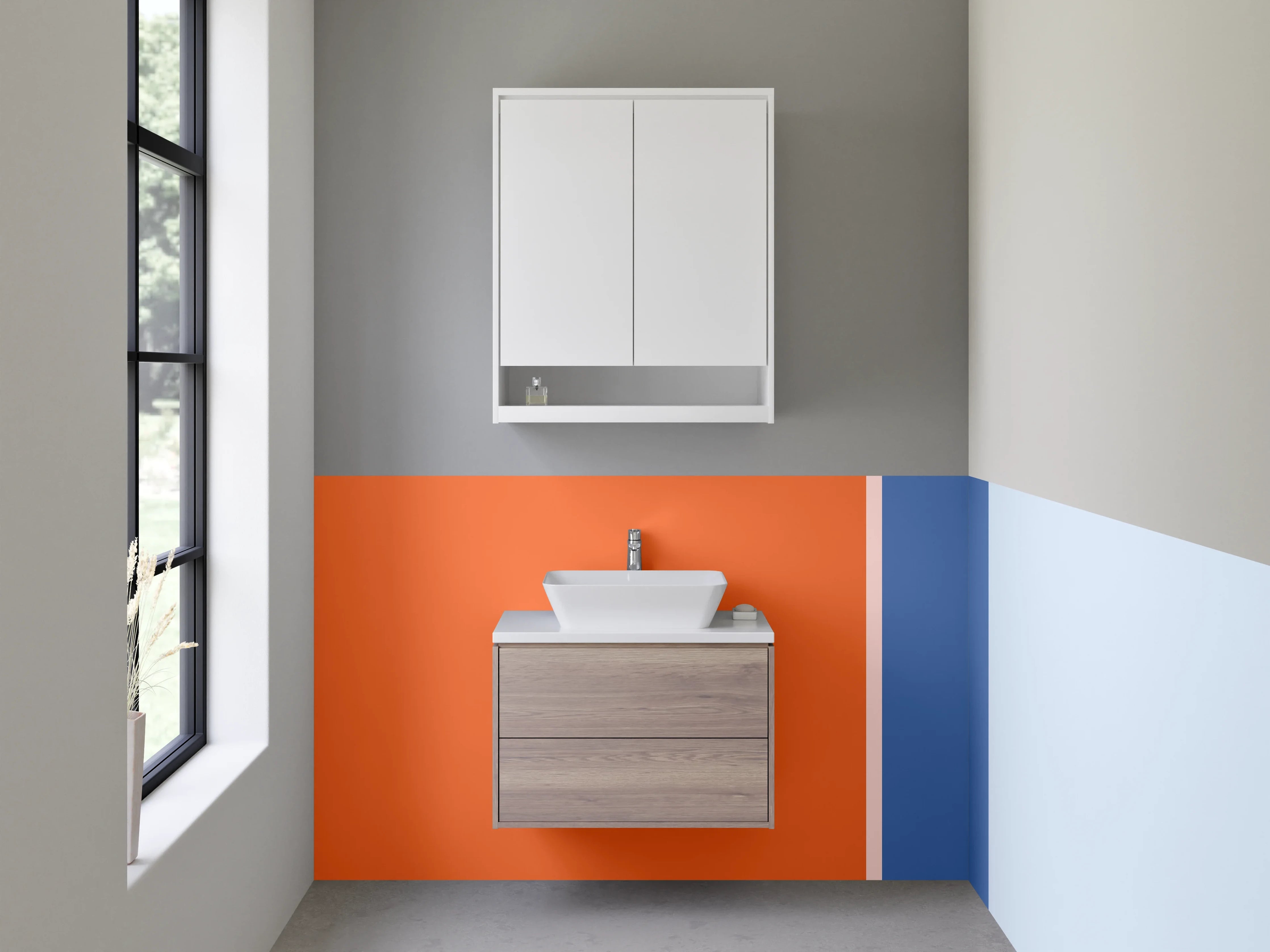 Waschbecken-Rückwand - Hellblaue und orangefarbene geometrische Wandgestaltung