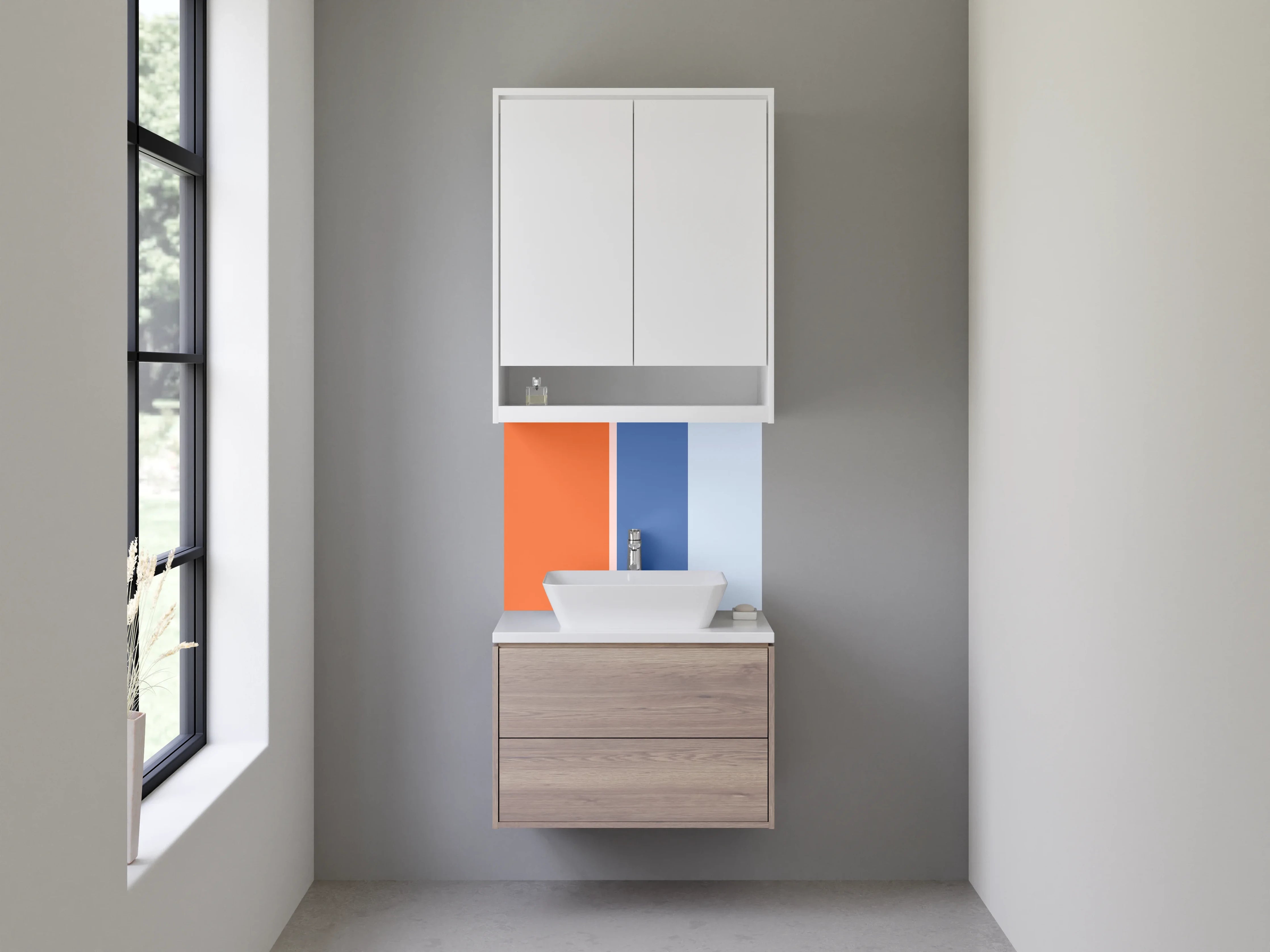 Waschbecken-Rückwand - Hellblaue und orangefarbene geometrische Wandgestaltung