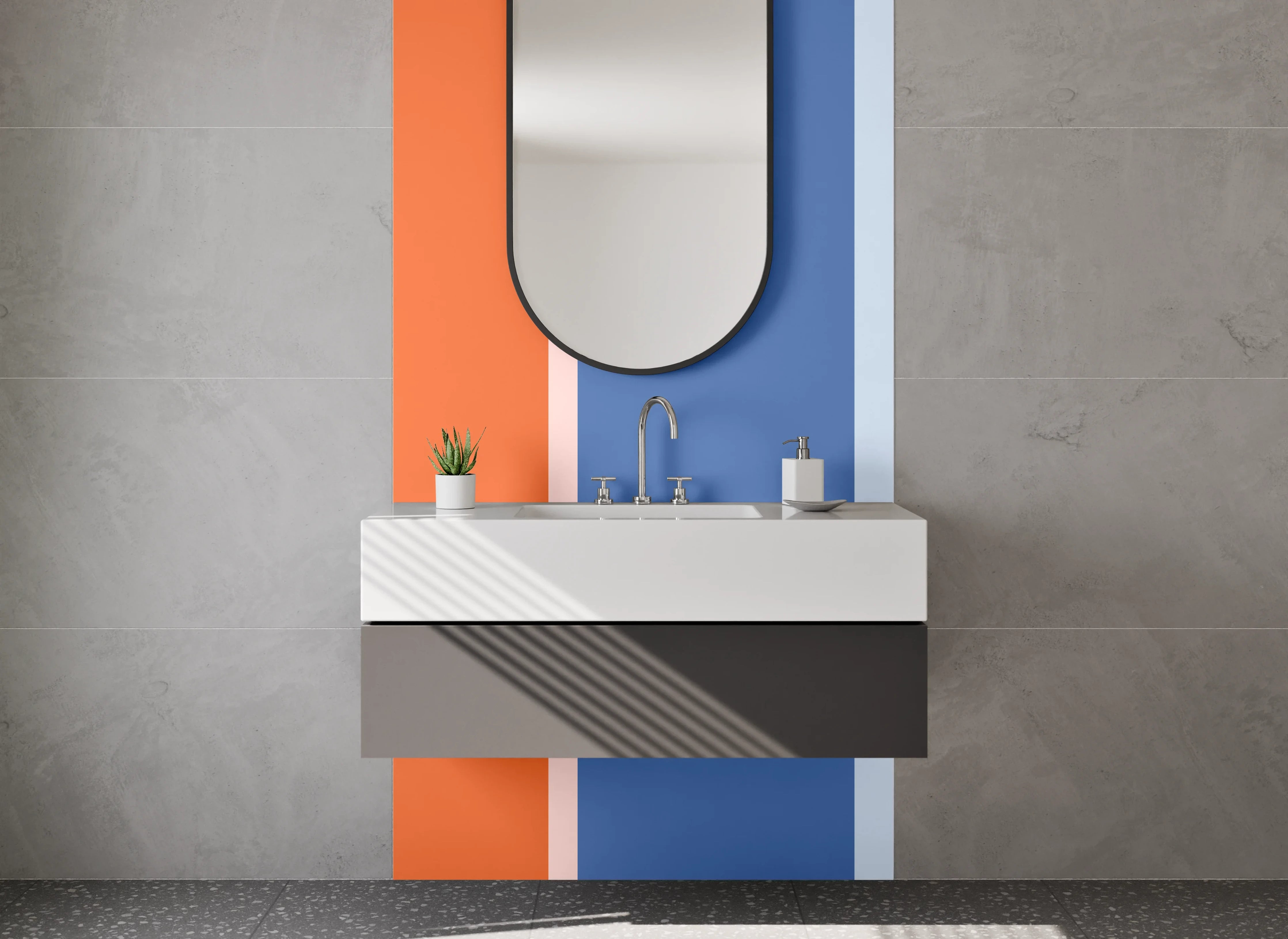 Waschbecken-Rückwand - Hellblaue und orangefarbene geometrische Wandgestaltung