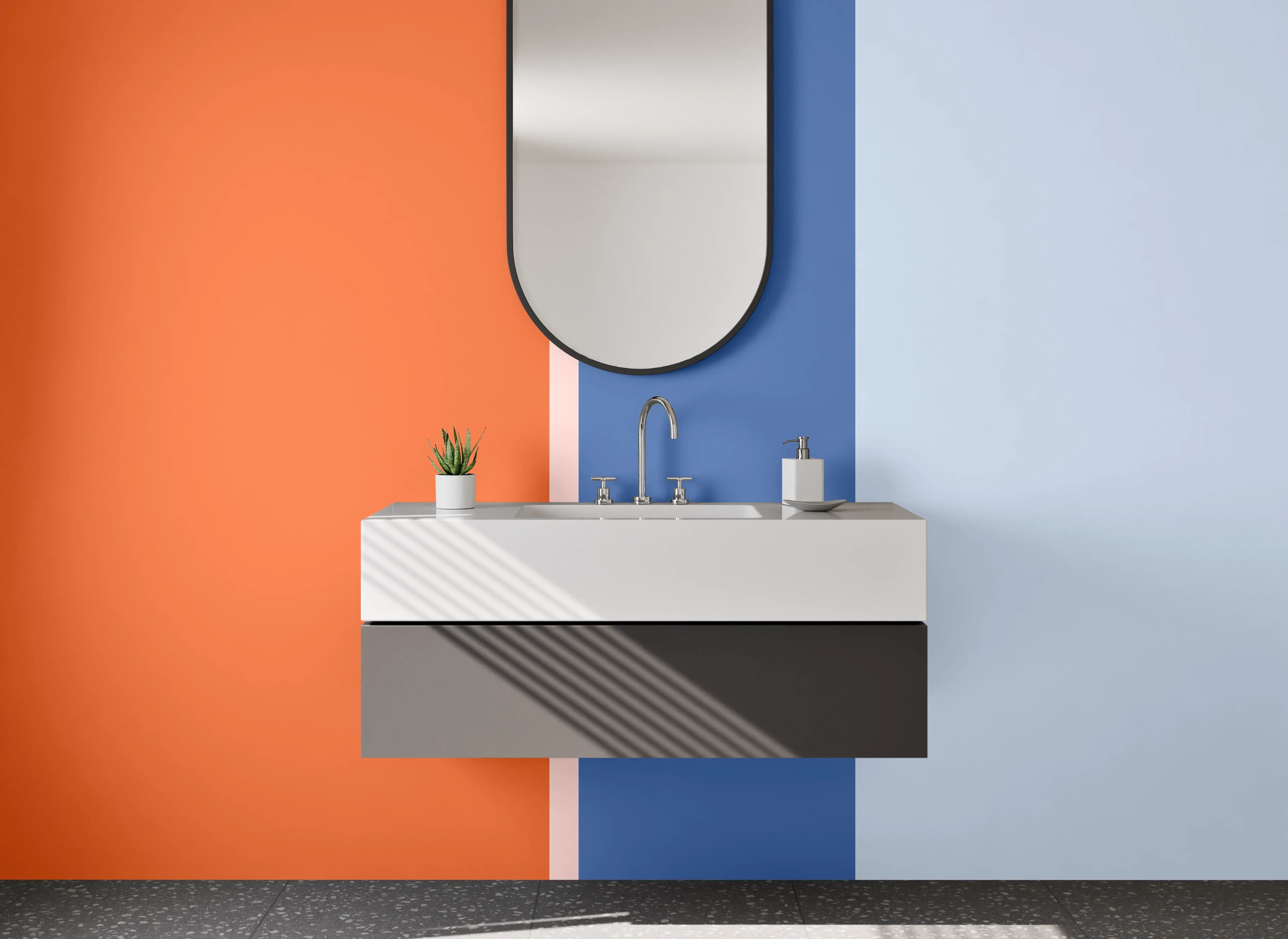 Waschbecken-Rückwand - Hellblaue und orangefarbene geometrische Wandgestaltung