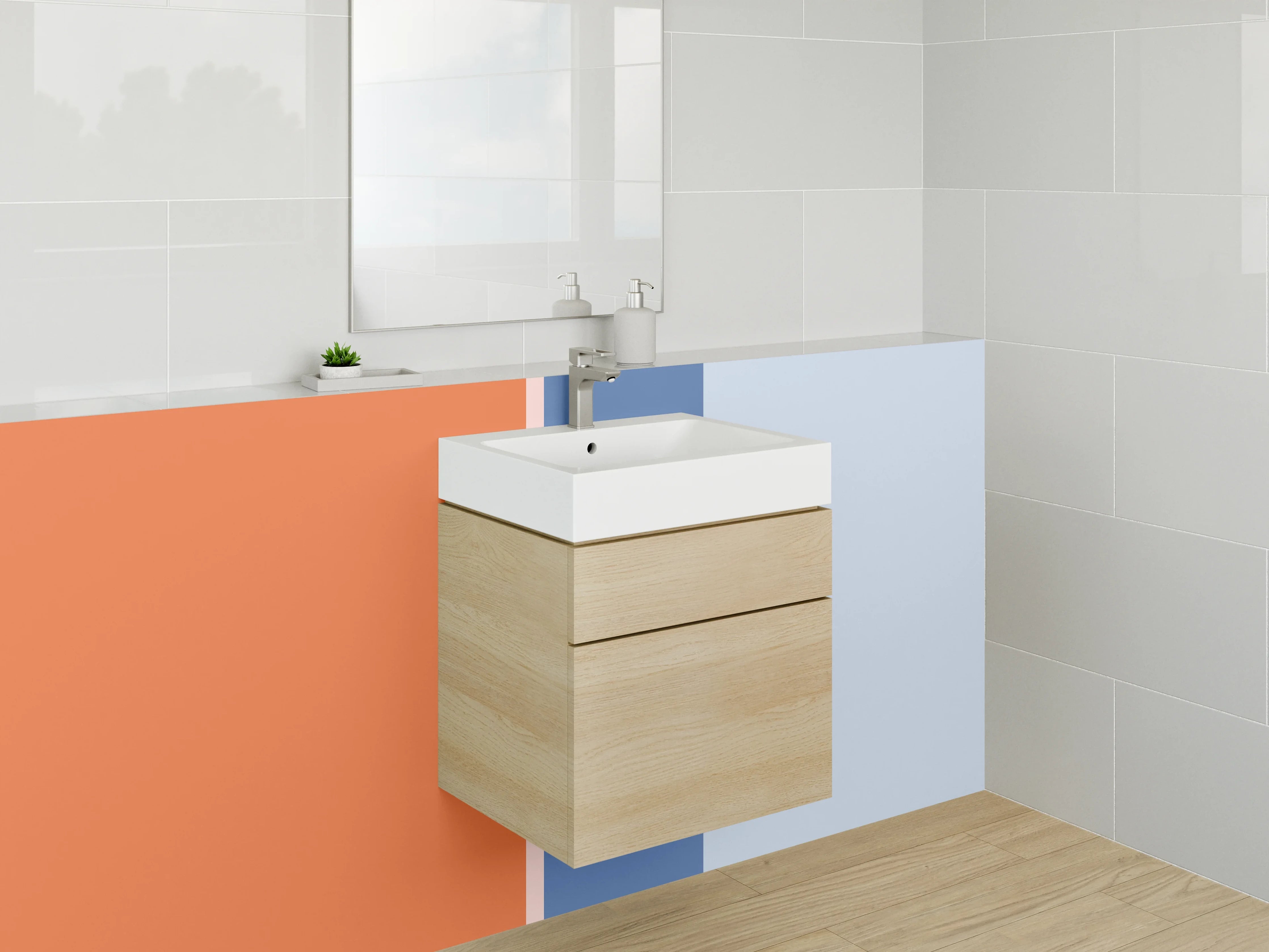 Waschbecken-Rückwand - Hellblaue und orangefarbene geometrische Wandgestaltung