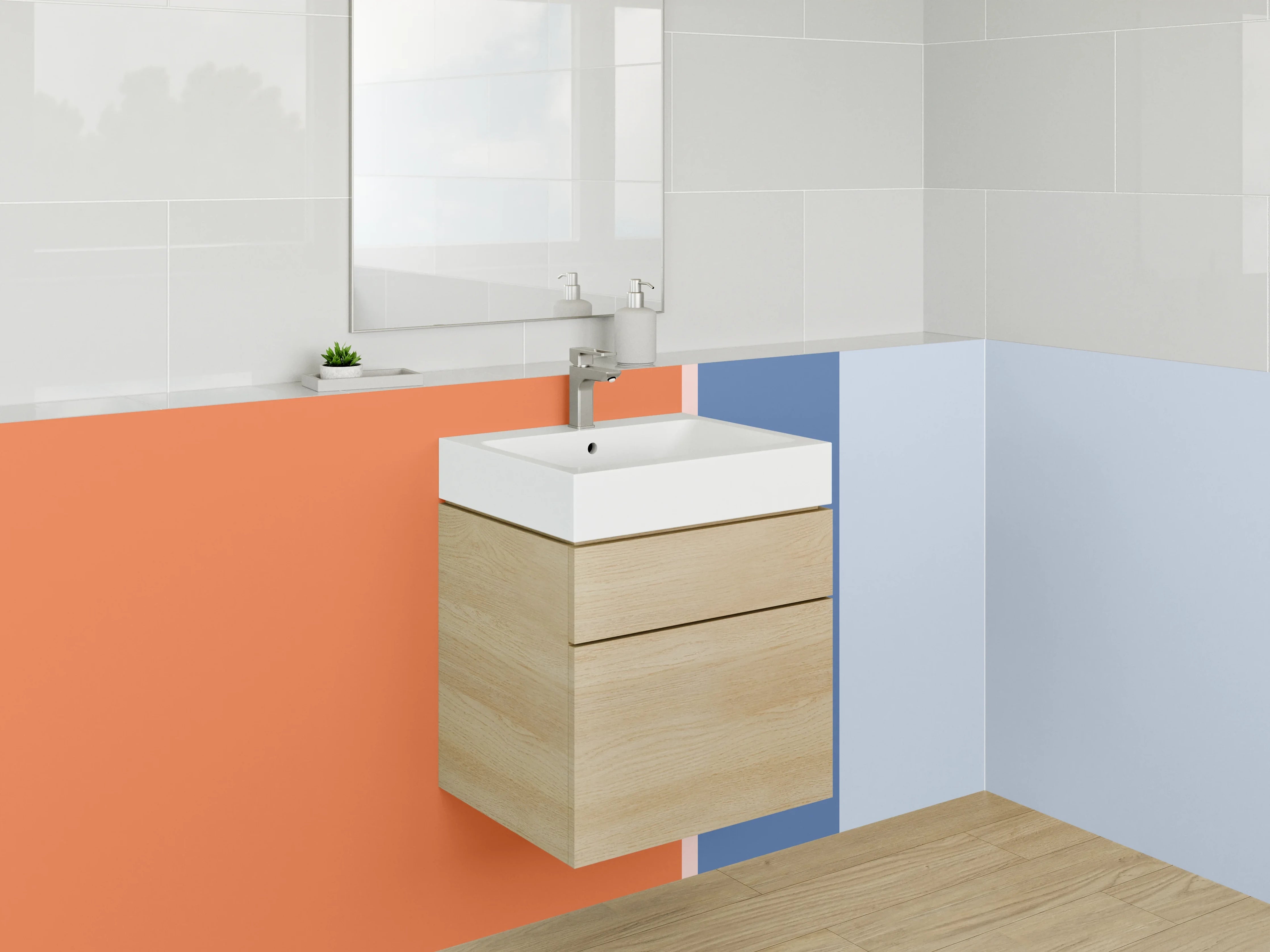 Waschbecken-Rückwand - Hellblaue und orangefarbene geometrische Wandgestaltung