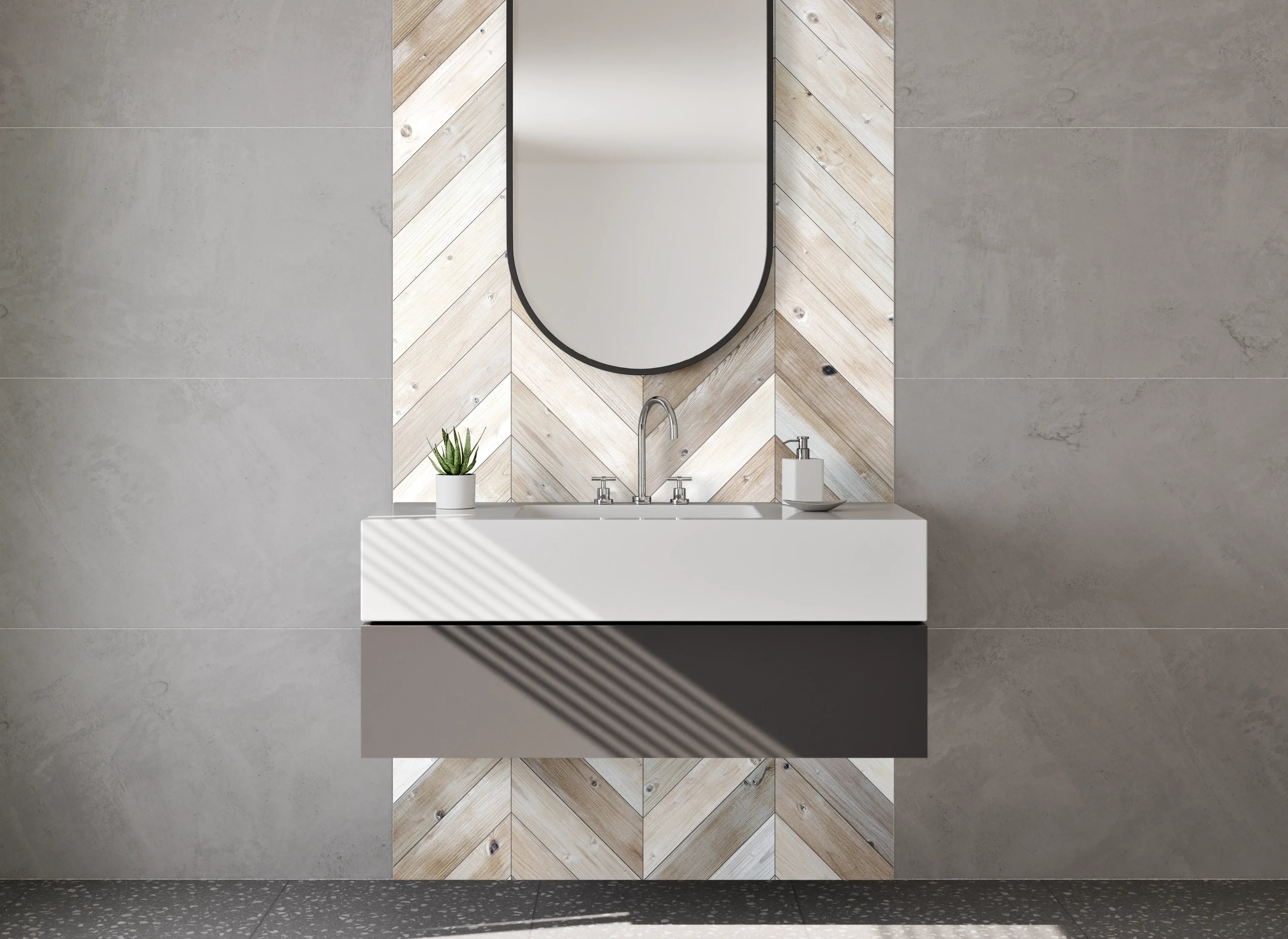 Waschbecken-Rückwand - Hellbraunes Chevron Holz Muster