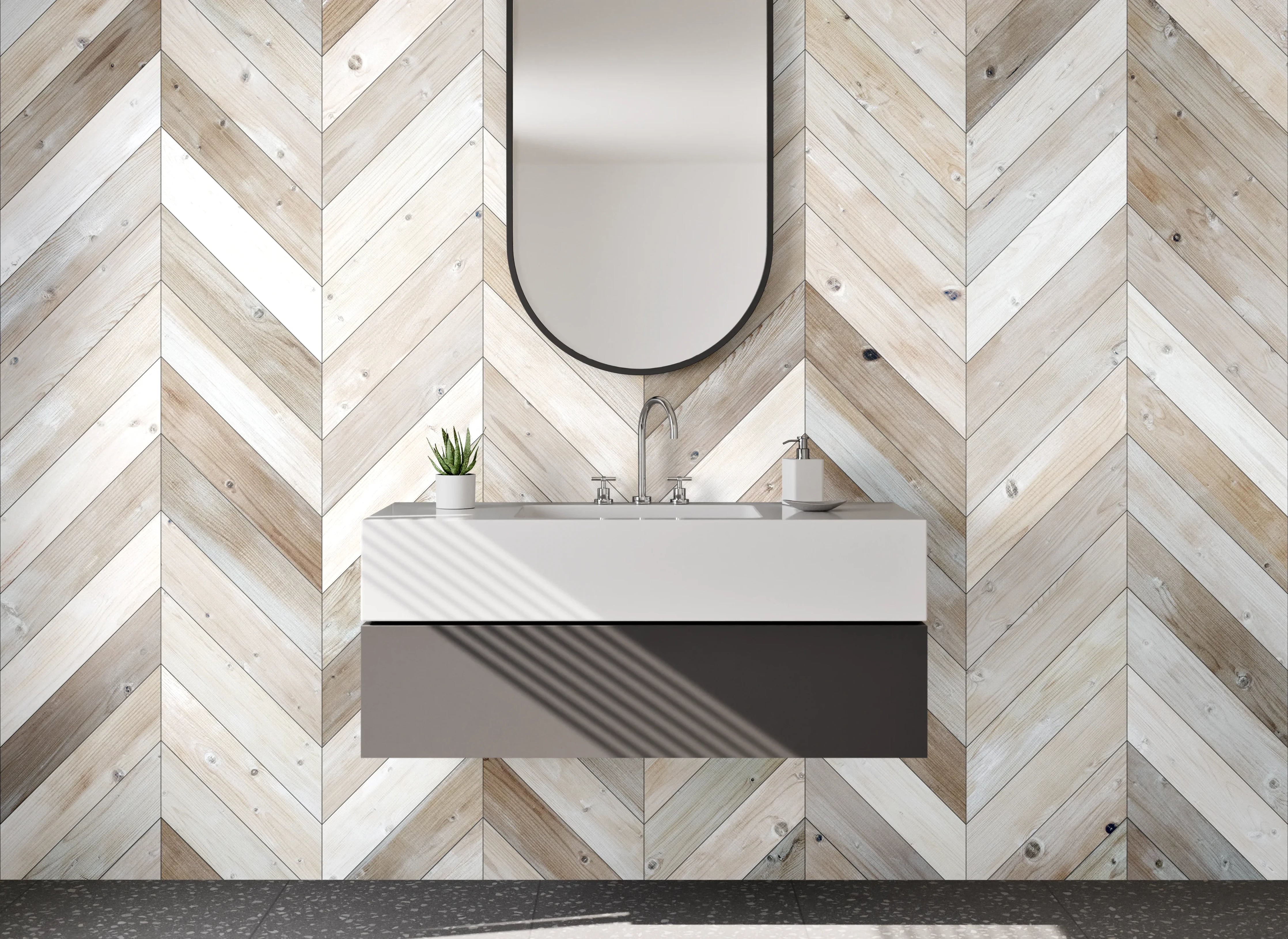 Waschbecken-Rückwand - Hellbraunes Chevron Holz Muster