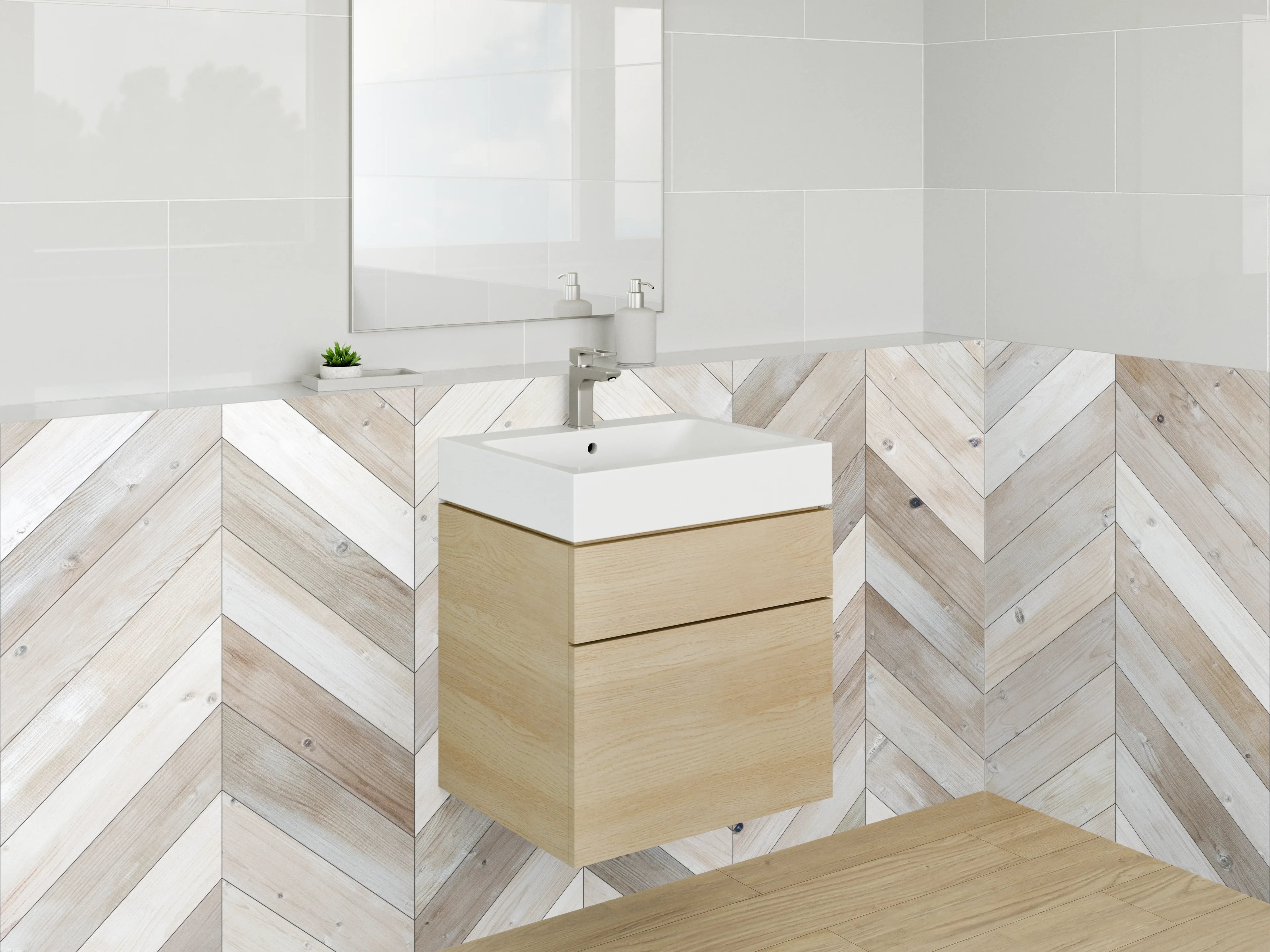 Waschbecken-Rückwand - Hellbraunes Chevron Holz Muster