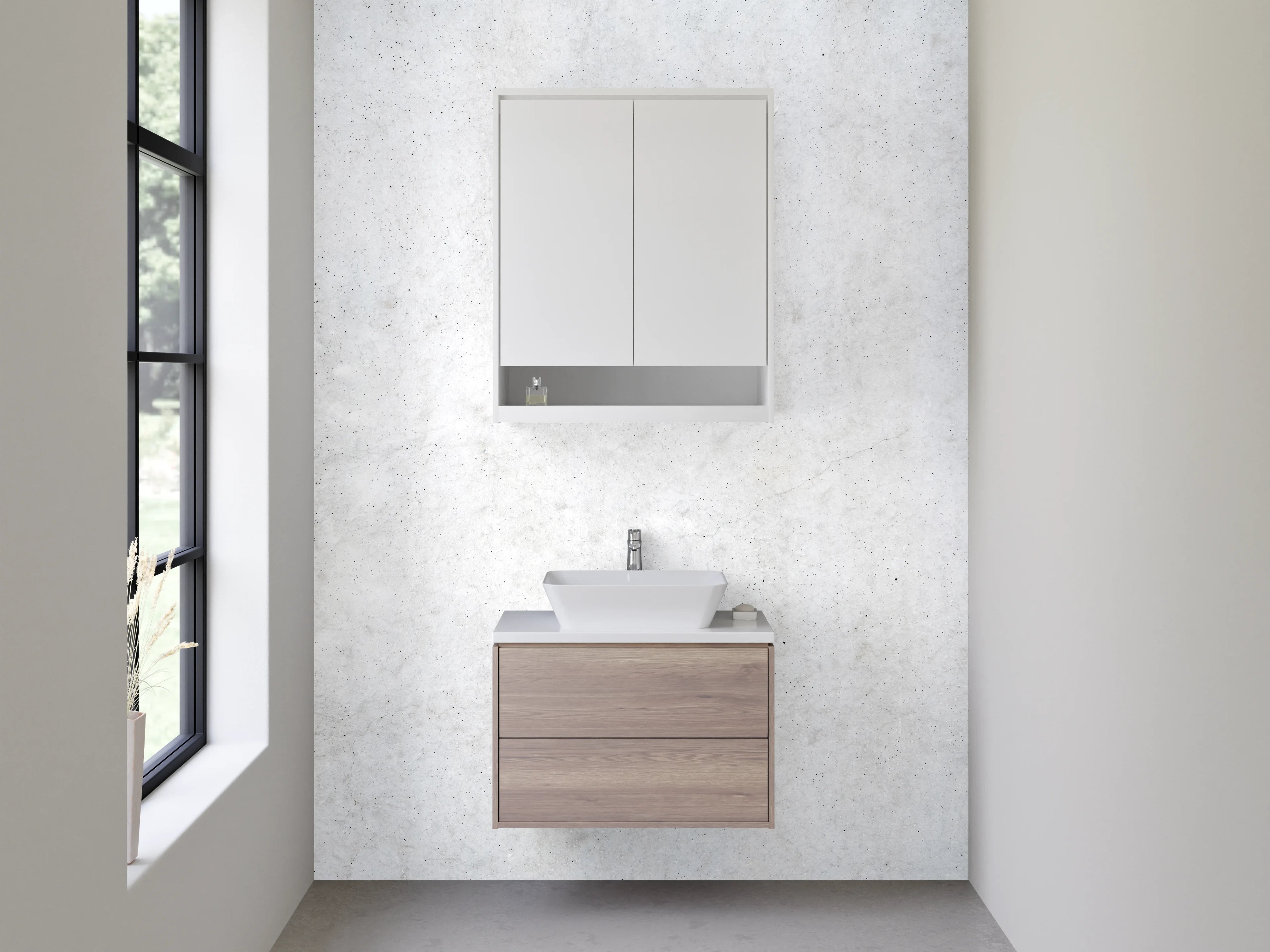 Waschbecken-Rückwand - Helle Betonoptik mit Grau und Weiß