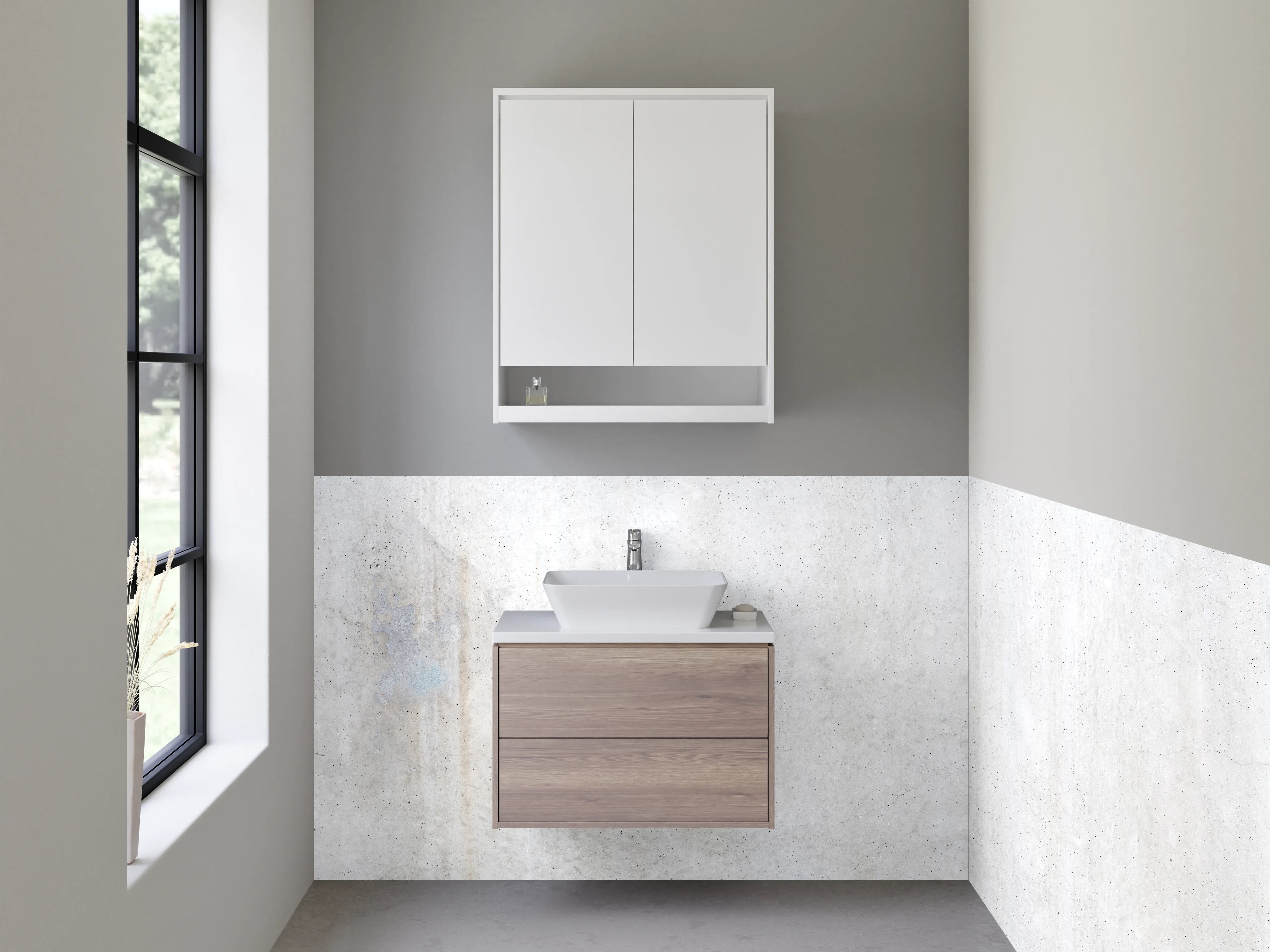 Waschbecken-Rückwand - Helle Betonoptik mit Grau und Weiß