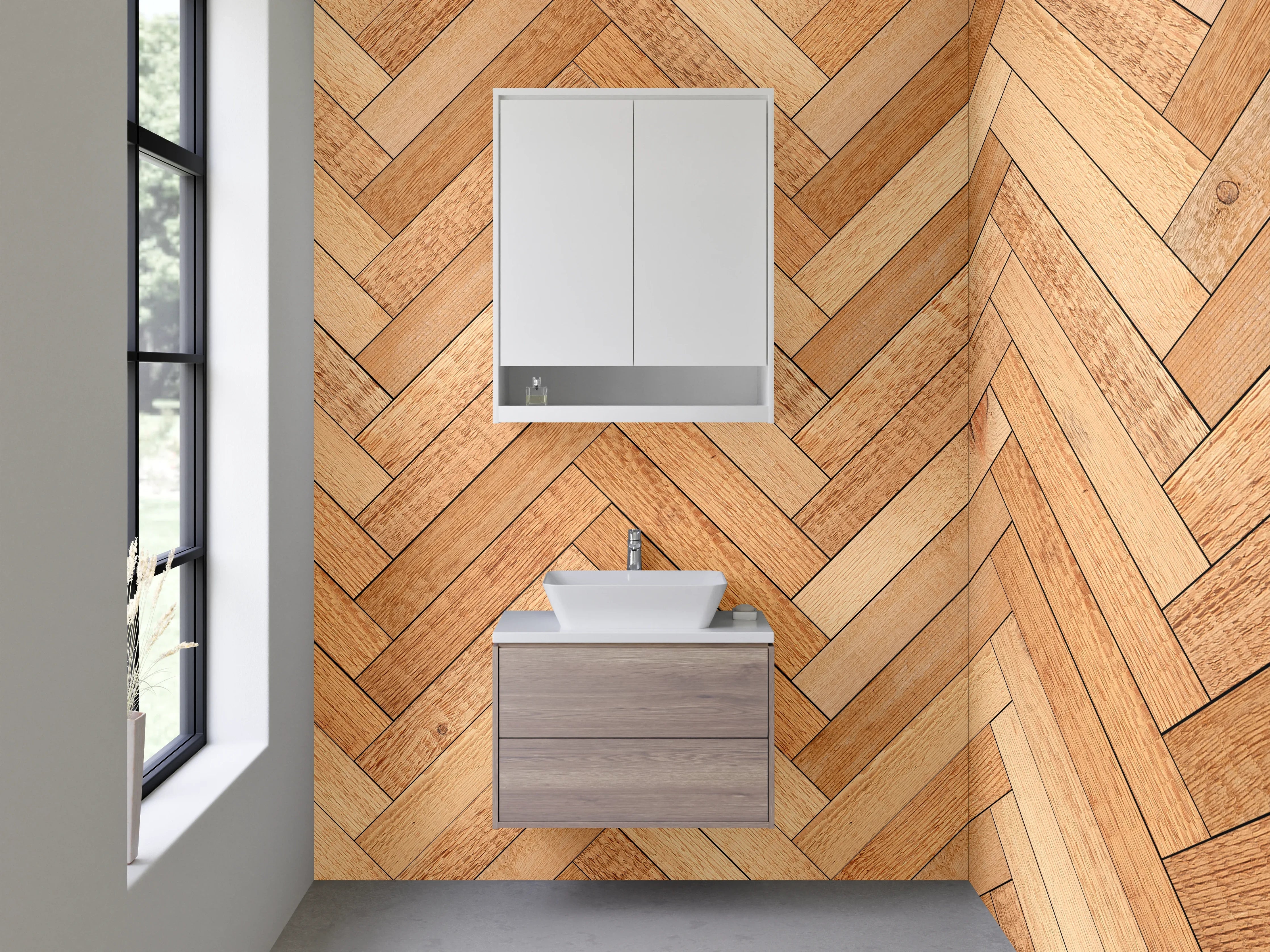 Waschbecken-Rückwand - Helle Holzfliese im Parkettmuster